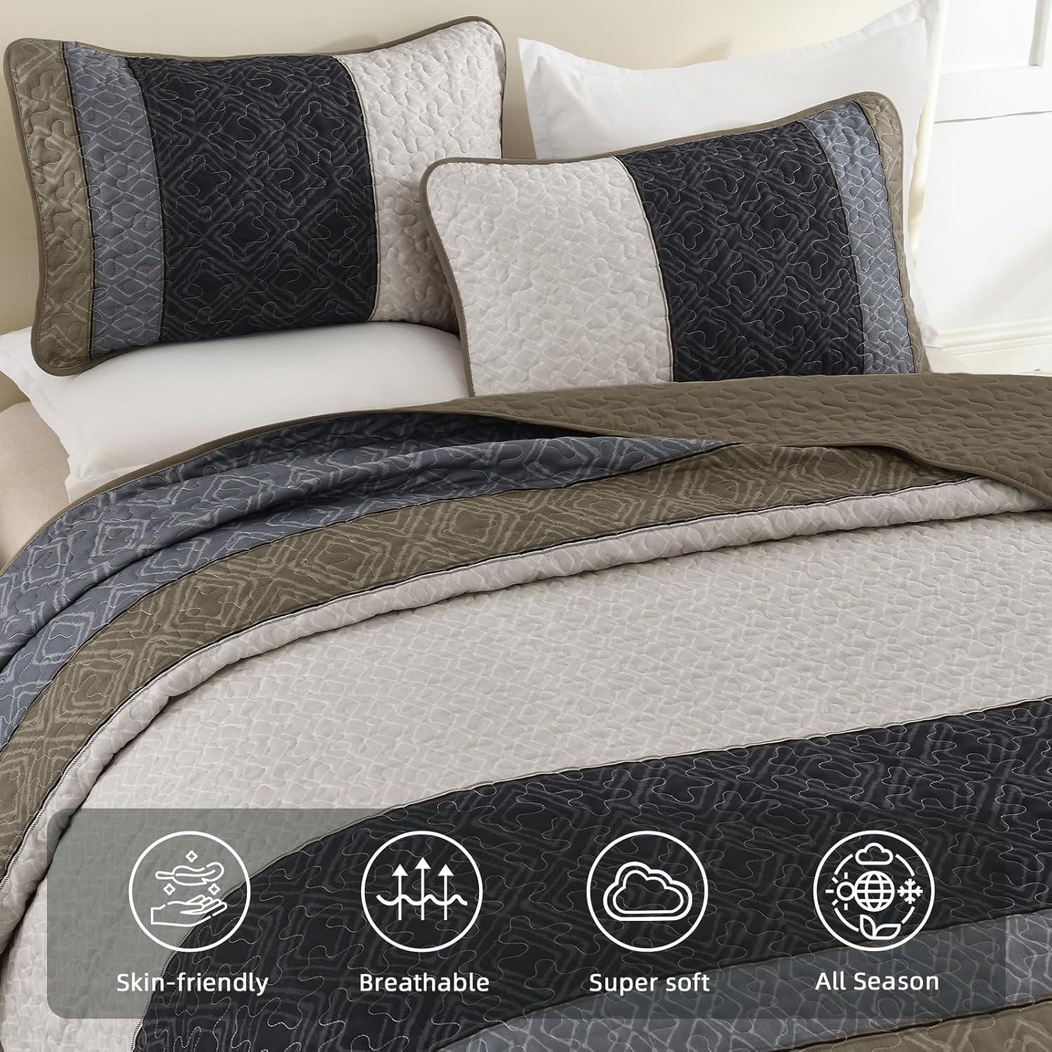 imageCottolester Queen Quilt Set 3 PiecesGray and Blue Striped Quilt SetBoho Farmhouse Bedspread Soft Microfiber Bedding Set for All Season 96quotx90quotTaupe