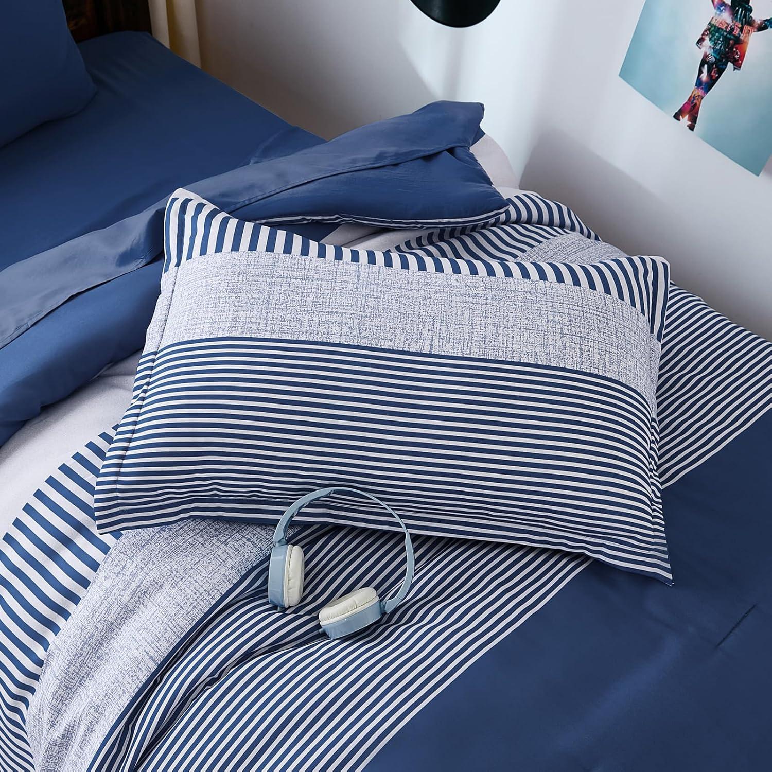 imageFull Size Comforter Blue Striped Comforters for Boys ampamp Girls7 Pieces Bed in A Bag Simple NeutralStyle Bedding Sets for Kids TeenNavy Blue
