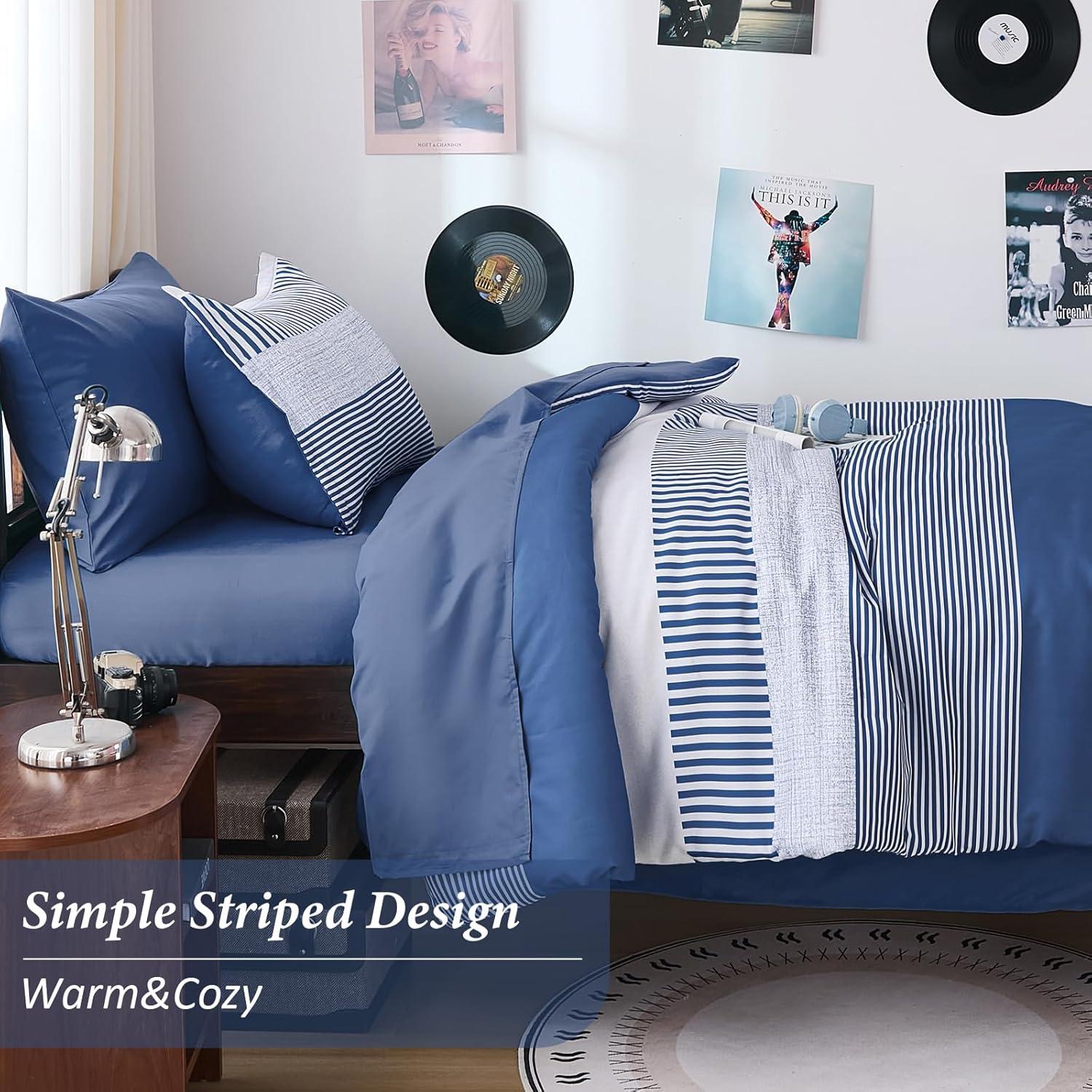imageFull Size Comforter Blue Striped Comforters for Boys ampamp Girls7 Pieces Bed in A Bag Simple NeutralStyle Bedding Sets for Kids TeenNavy Blue