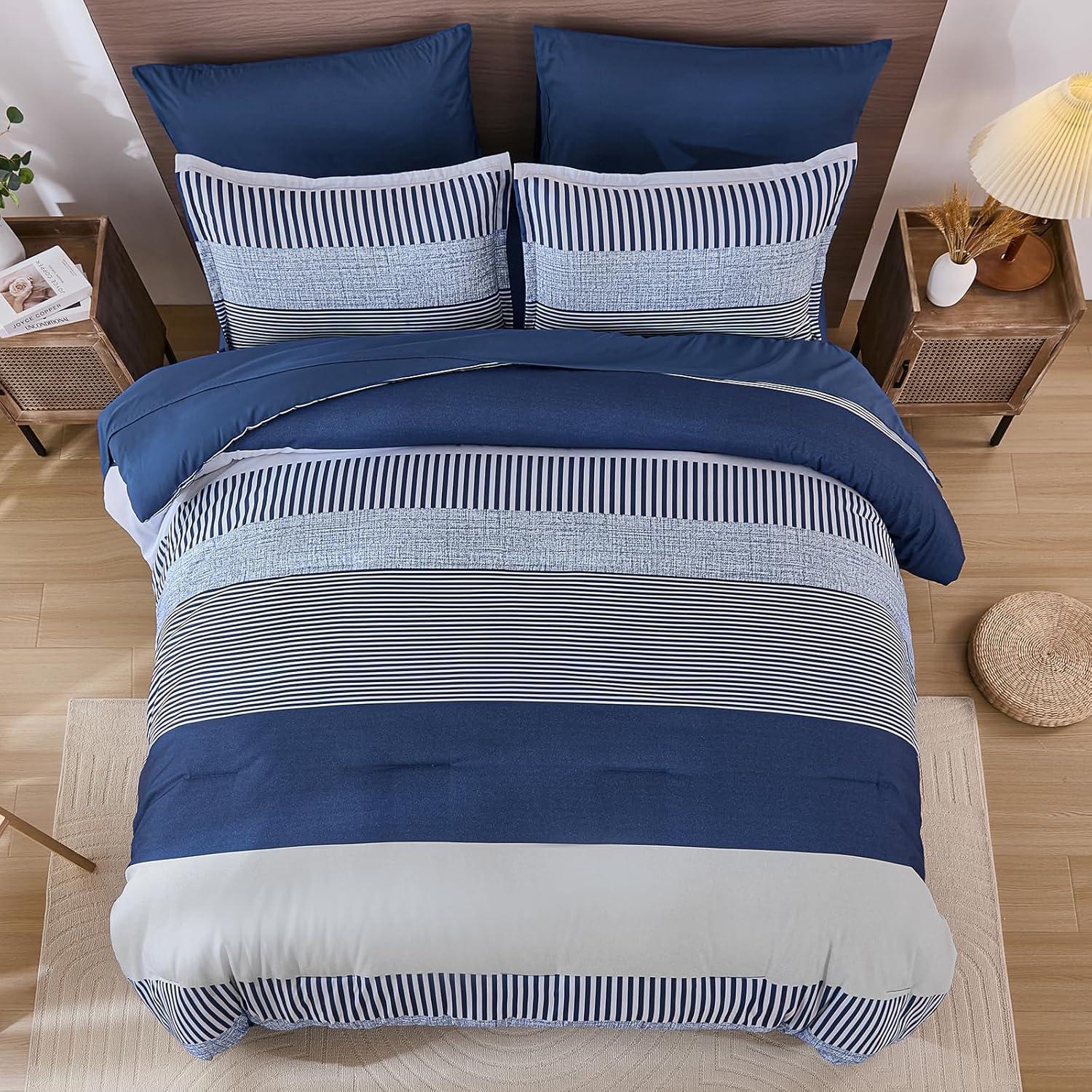 imageFull Size Comforter Blue Striped Comforters for Boys ampamp Girls7 Pieces Bed in A Bag Simple NeutralStyle Bedding Sets for Kids TeenNavy Blue