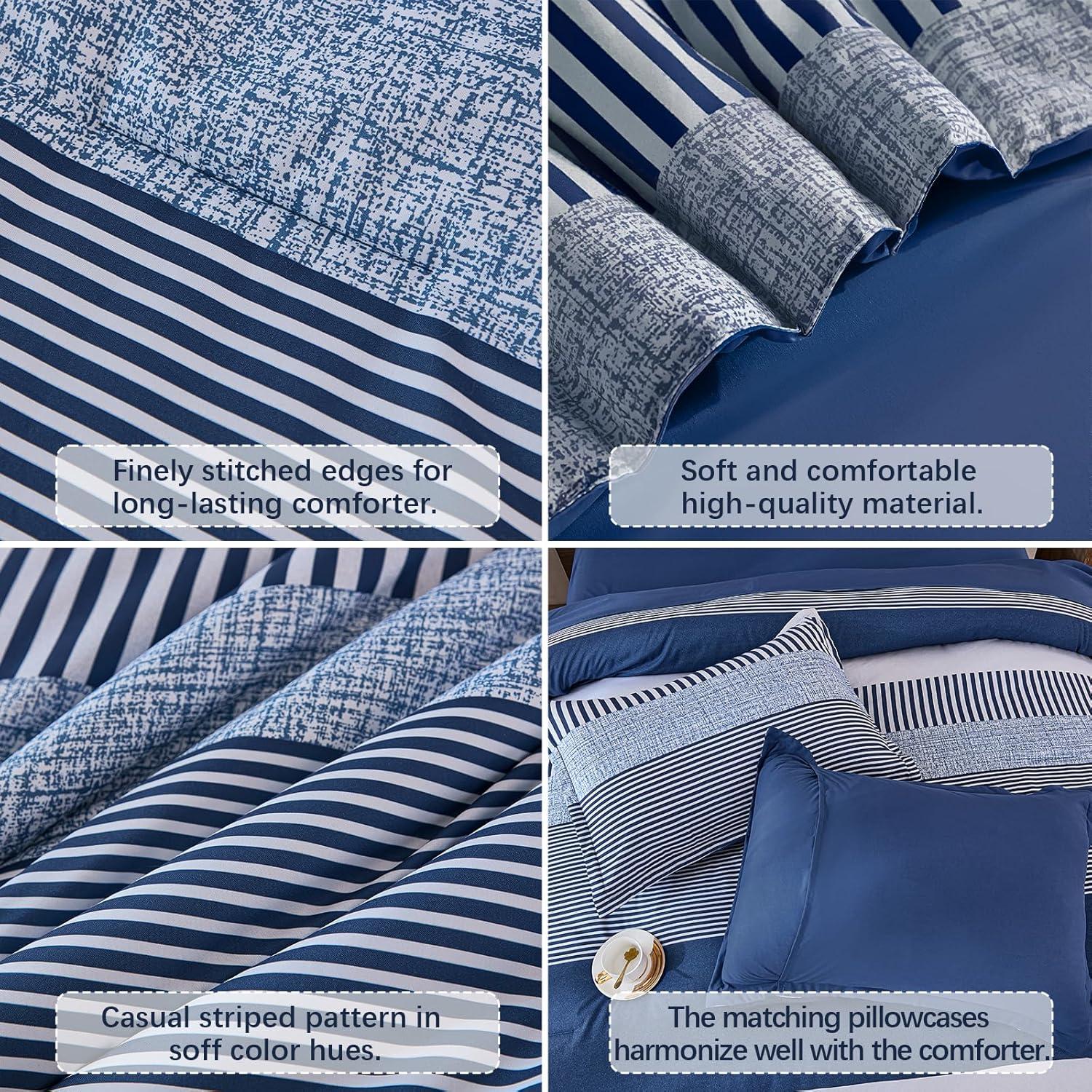 imageFull Size Comforter Blue Striped Comforters for Boys ampamp Girls7 Pieces Bed in A Bag Simple NeutralStyle Bedding Sets for Kids TeenNavy Blue