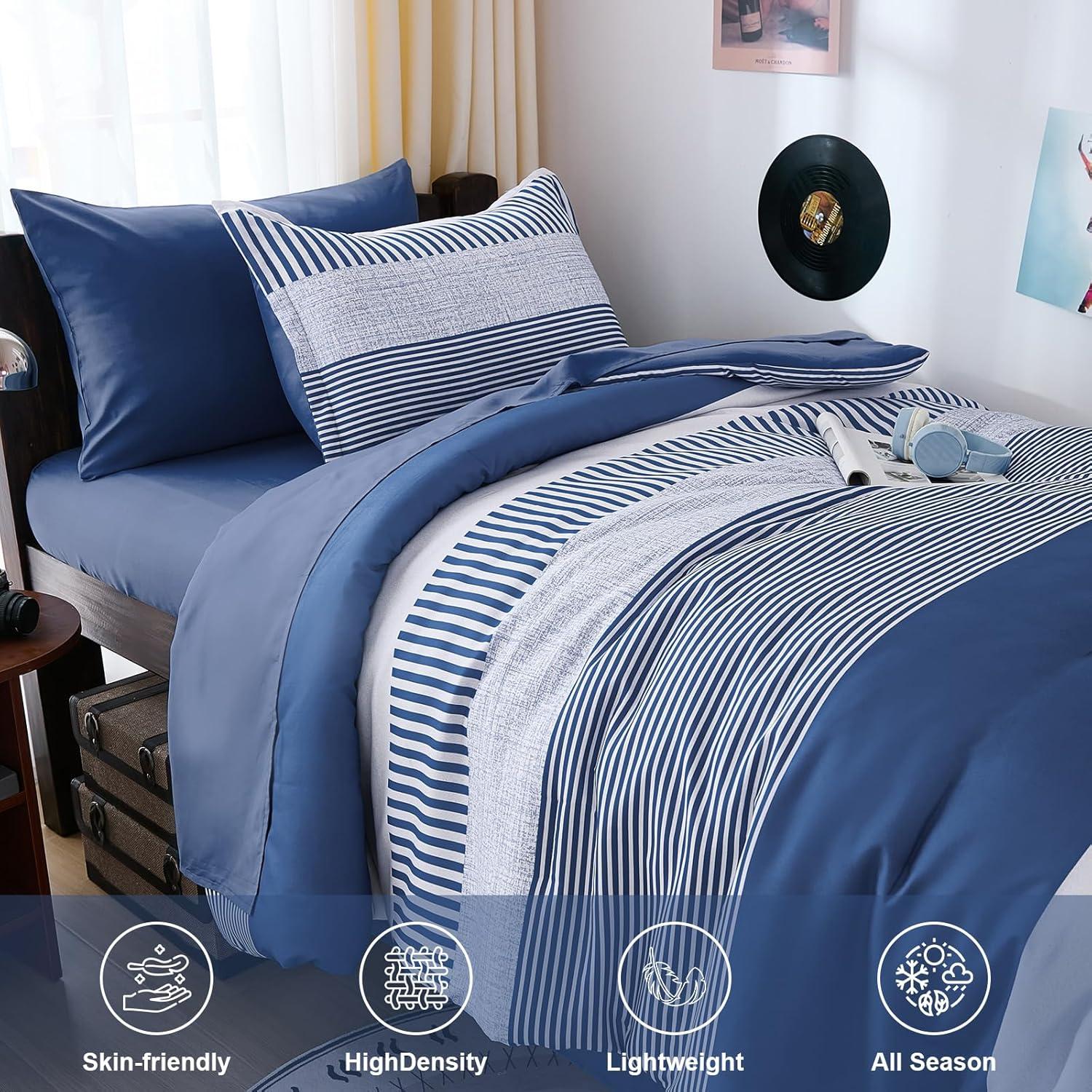 imageFull Size Comforter Blue Striped Comforters for Boys ampamp Girls7 Pieces Bed in A Bag Simple NeutralStyle Bedding Sets for Kids TeenNavy Blue