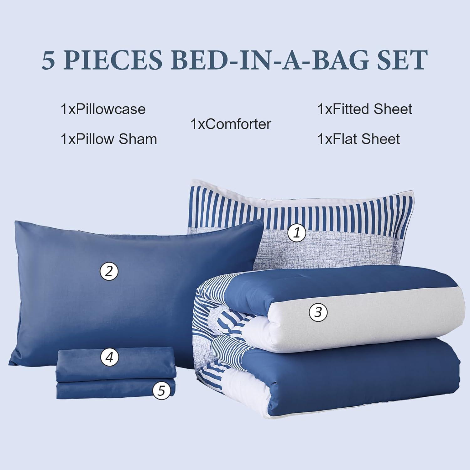 imageFull Size Comforter Blue Striped Comforters for Boys ampamp Girls7 Pieces Bed in A Bag Simple NeutralStyle Bedding Sets for Kids TeenNavy Blue