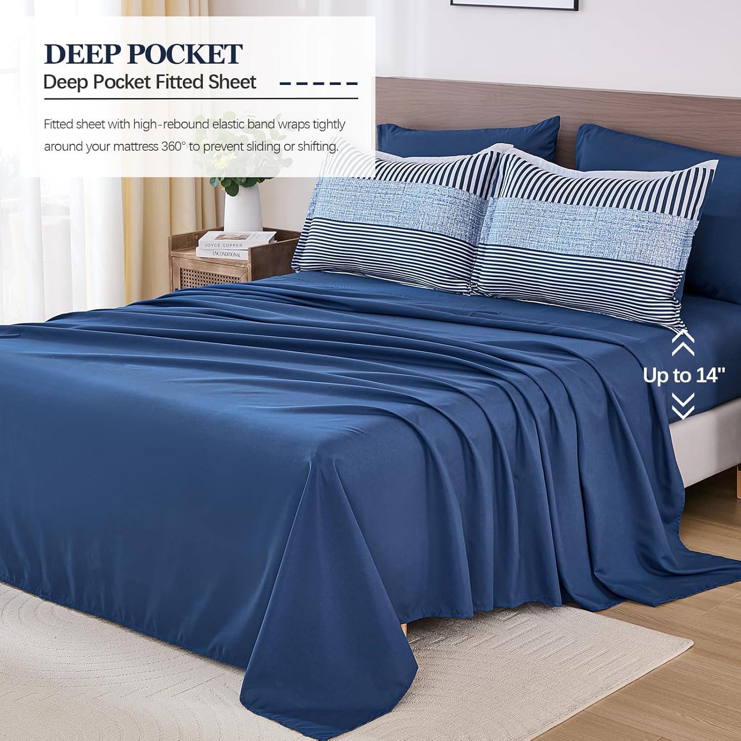 imageFull Size Comforter Blue Striped Comforters for Boys ampamp Girls7 Pieces Bed in A Bag Simple NeutralStyle Bedding Sets for Kids TeenNavy Blue