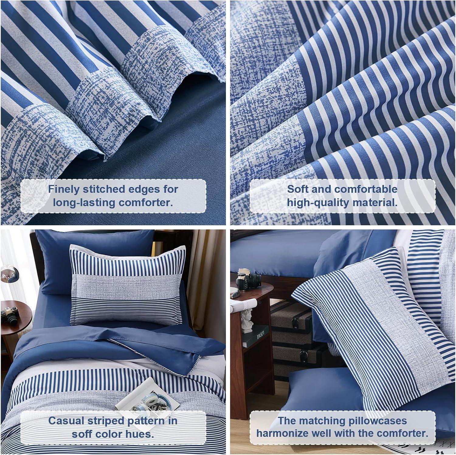 imageFull Size Comforter Blue Striped Comforters for Boys ampamp Girls7 Pieces Bed in A Bag Simple NeutralStyle Bedding Sets for Kids TeenNavy Blue