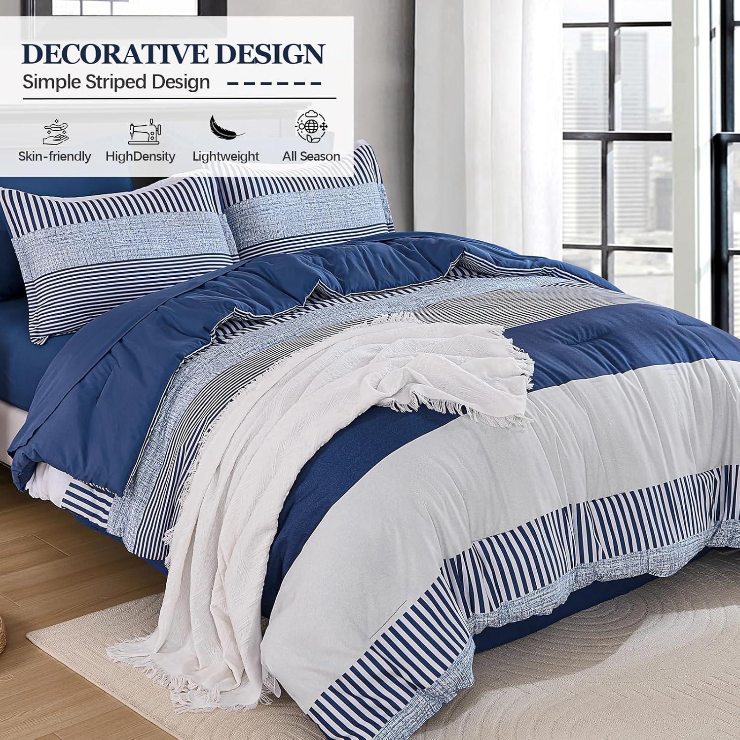 imageFull Size Comforter Blue Striped Comforters for Boys ampamp Girls7 Pieces Bed in A Bag Simple NeutralStyle Bedding Sets for Kids TeenNavy Blue