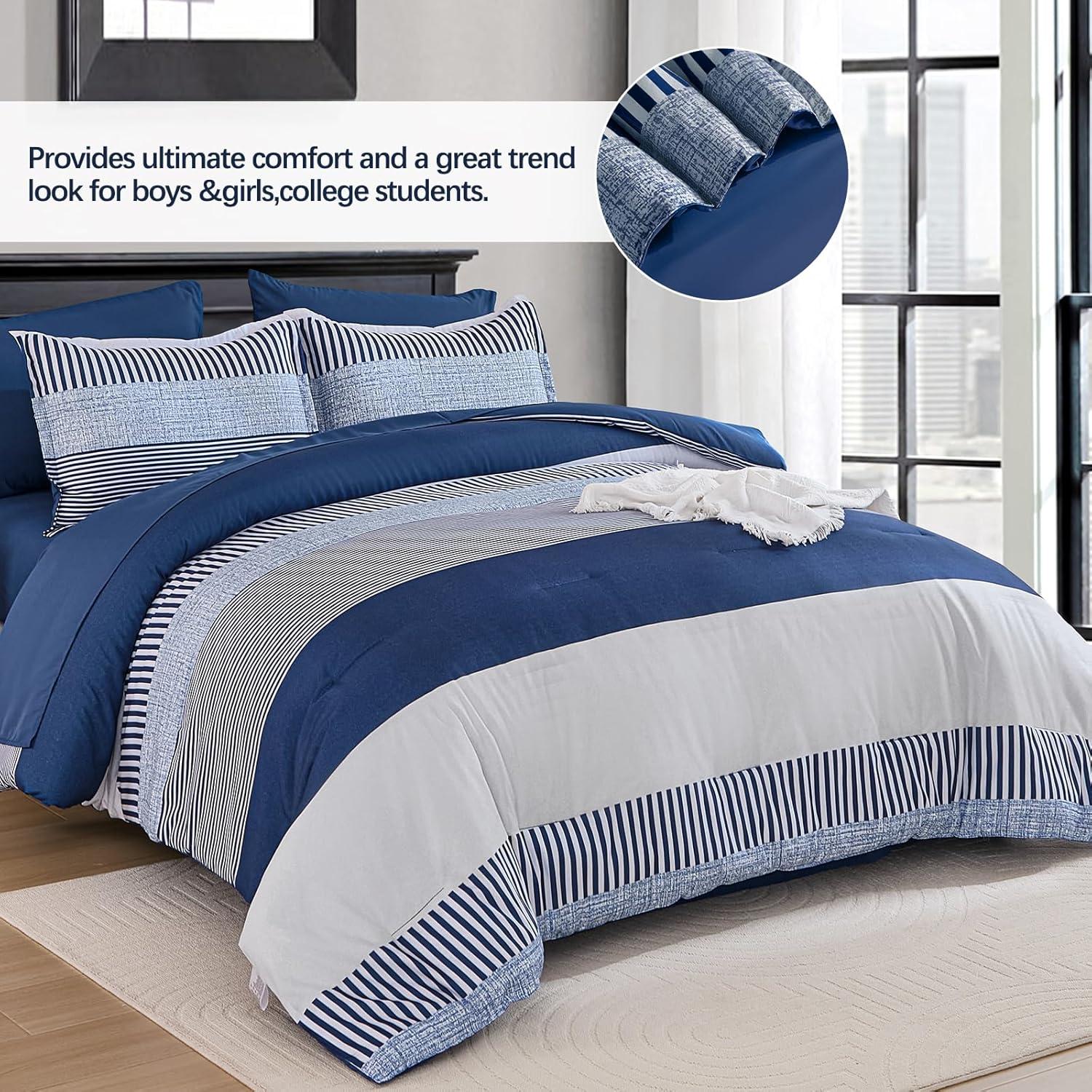 imageFull Size Comforter Blue Striped Comforters for Boys ampamp Girls7 Pieces Bed in A Bag Simple NeutralStyle Bedding Sets for Kids TeenNavy Blue