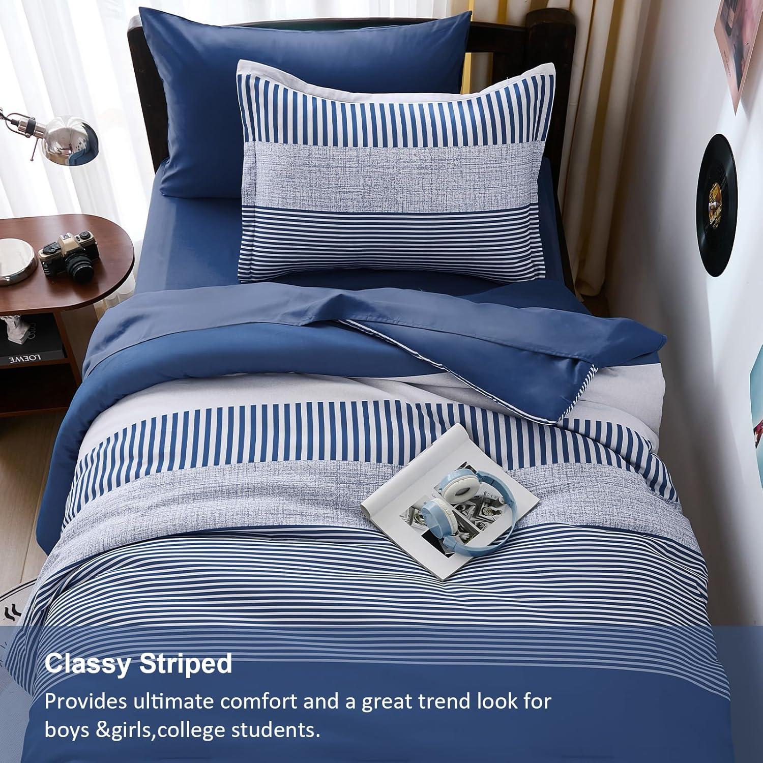 imageFull Size Comforter Blue Striped Comforters for Boys ampamp Girls7 Pieces Bed in A Bag Simple NeutralStyle Bedding Sets for Kids TeenNavy Blue