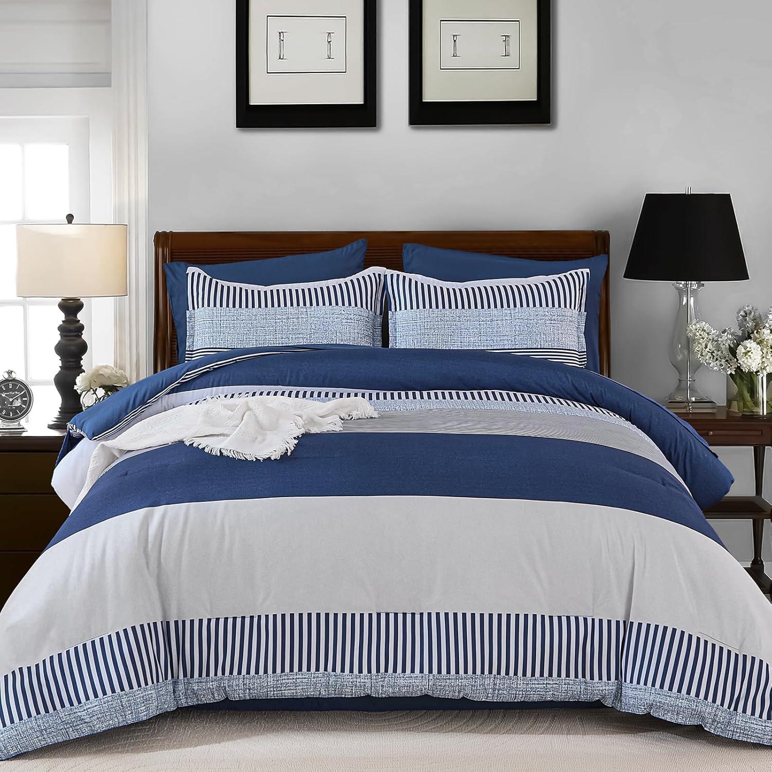 imageFull Size Comforter Blue Striped Comforters for Boys ampamp Girls7 Pieces Bed in A Bag Simple NeutralStyle Bedding Sets for Kids TeenNavy Blue
