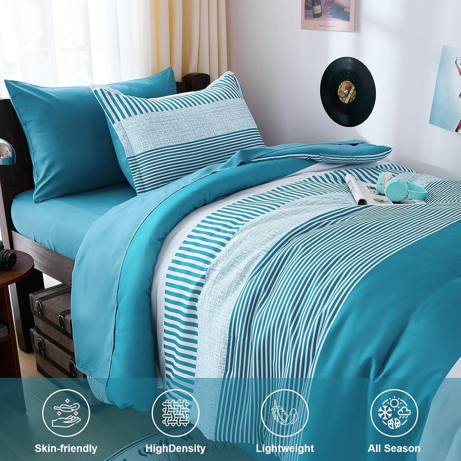 imageFull Size Comforter Blue Striped Comforters for Boys ampamp Girls7 Pieces Bed in A Bag Simple NeutralStyle Bedding Sets for Kids TeenTeal
