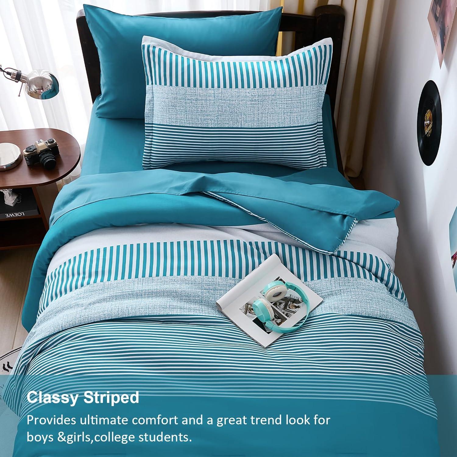 imageFull Size Comforter Blue Striped Comforters for Boys ampamp Girls7 Pieces Bed in A Bag Simple NeutralStyle Bedding Sets for Kids TeenTeal