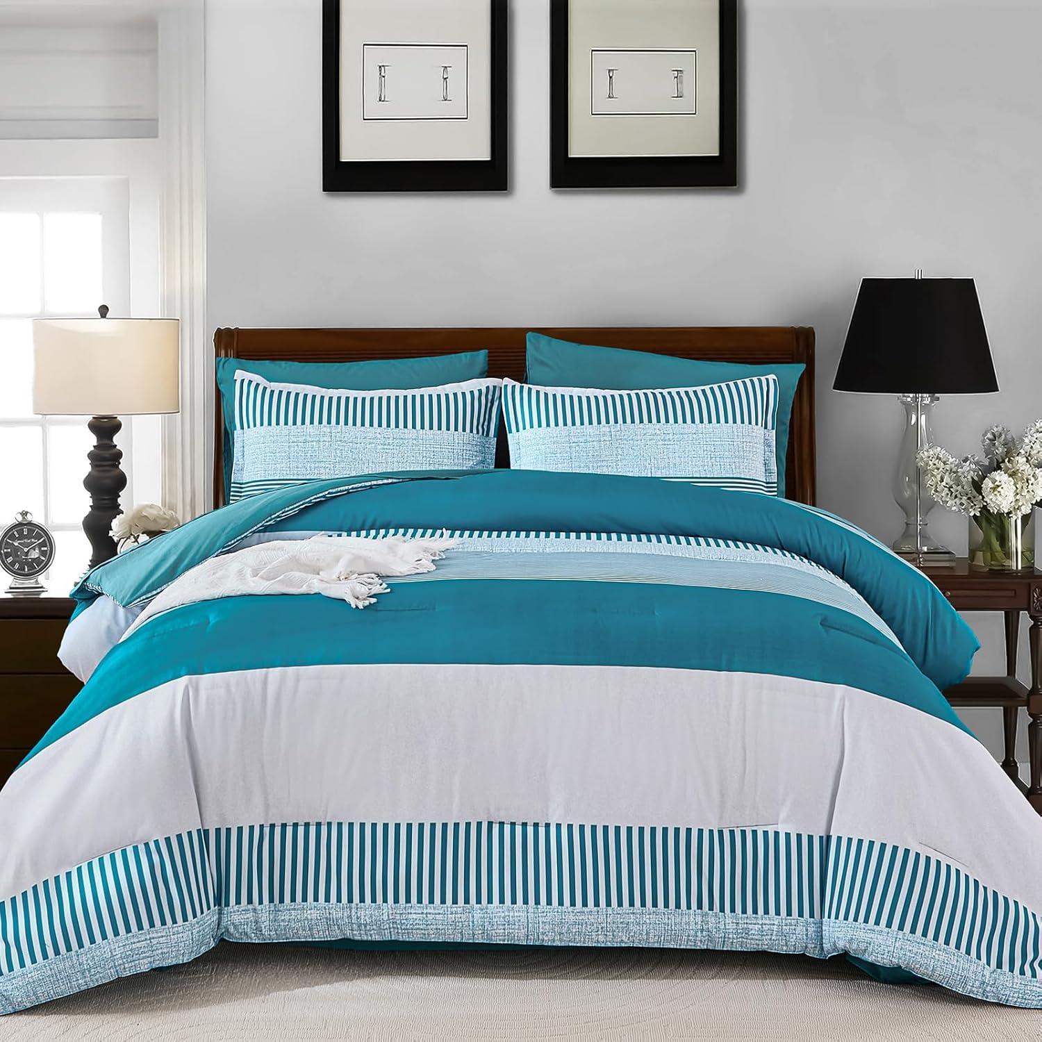 imageFull Size Comforter Blue Striped Comforters for Boys ampamp Girls7 Pieces Bed in A Bag Simple NeutralStyle Bedding Sets for Kids TeenTeal
