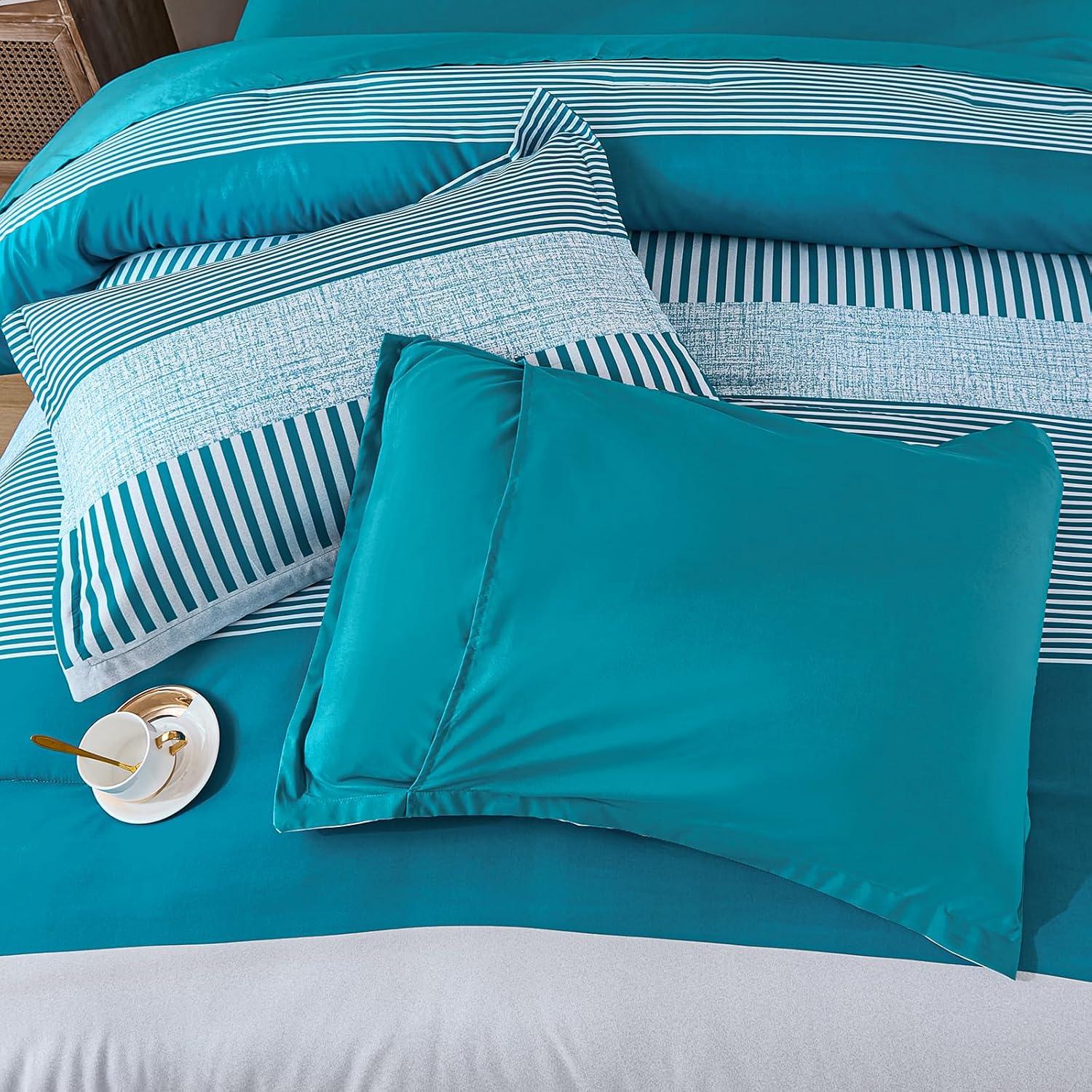 imageFull Size Comforter Blue Striped Comforters for Boys ampamp Girls7 Pieces Bed in A Bag Simple NeutralStyle Bedding Sets for Kids TeenTeal
