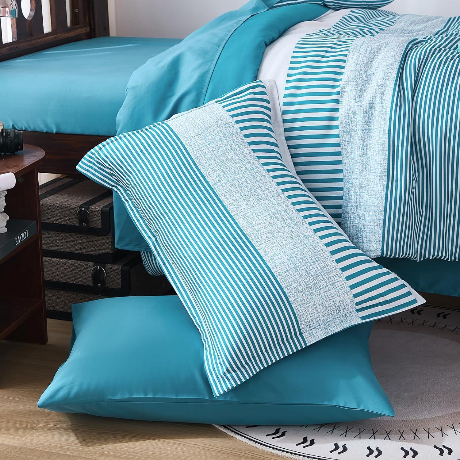 imageFull Size Comforter Blue Striped Comforters for Boys ampamp Girls7 Pieces Bed in A Bag Simple NeutralStyle Bedding Sets for Kids TeenTeal