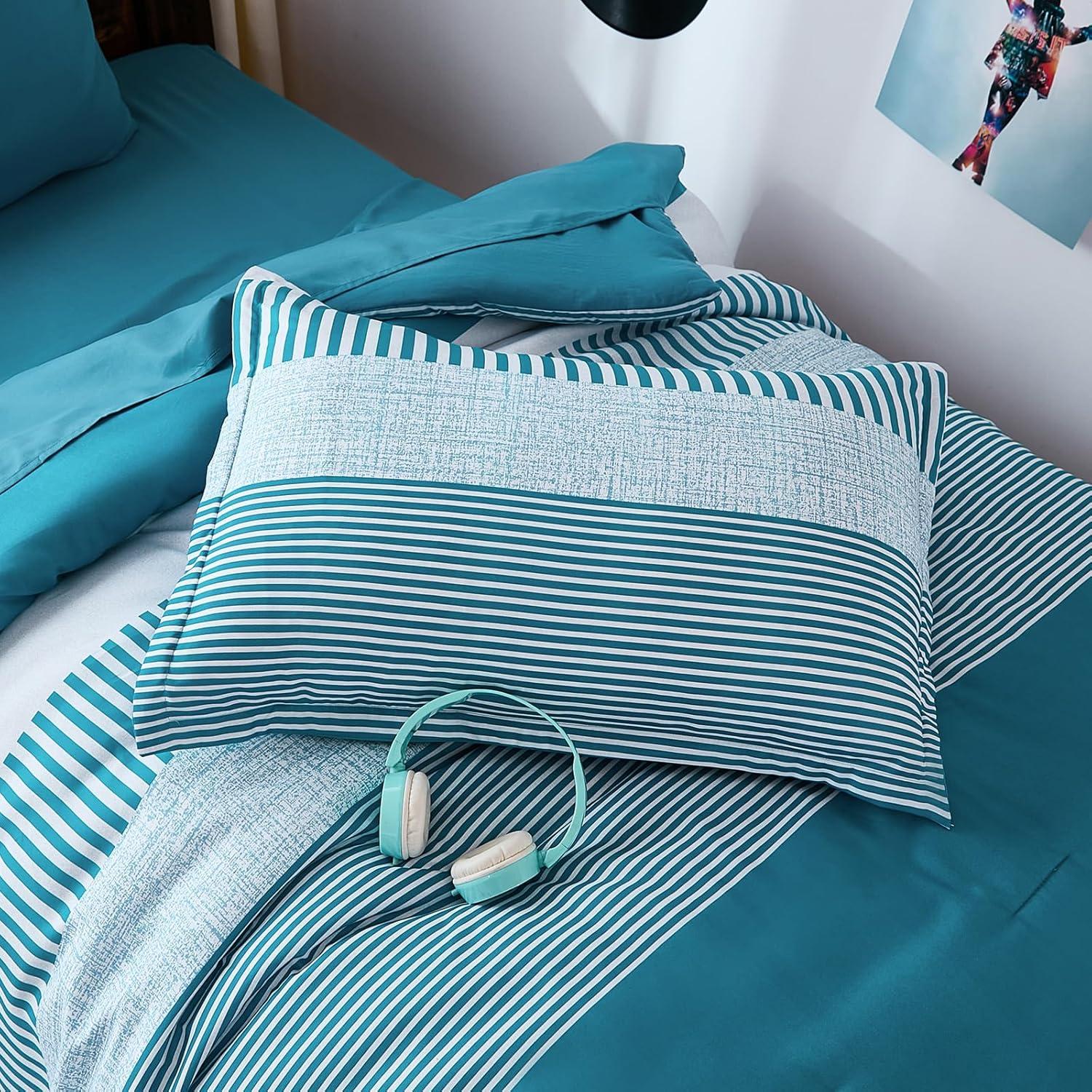 imageFull Size Comforter Blue Striped Comforters for Boys ampamp Girls7 Pieces Bed in A Bag Simple NeutralStyle Bedding Sets for Kids TeenTeal