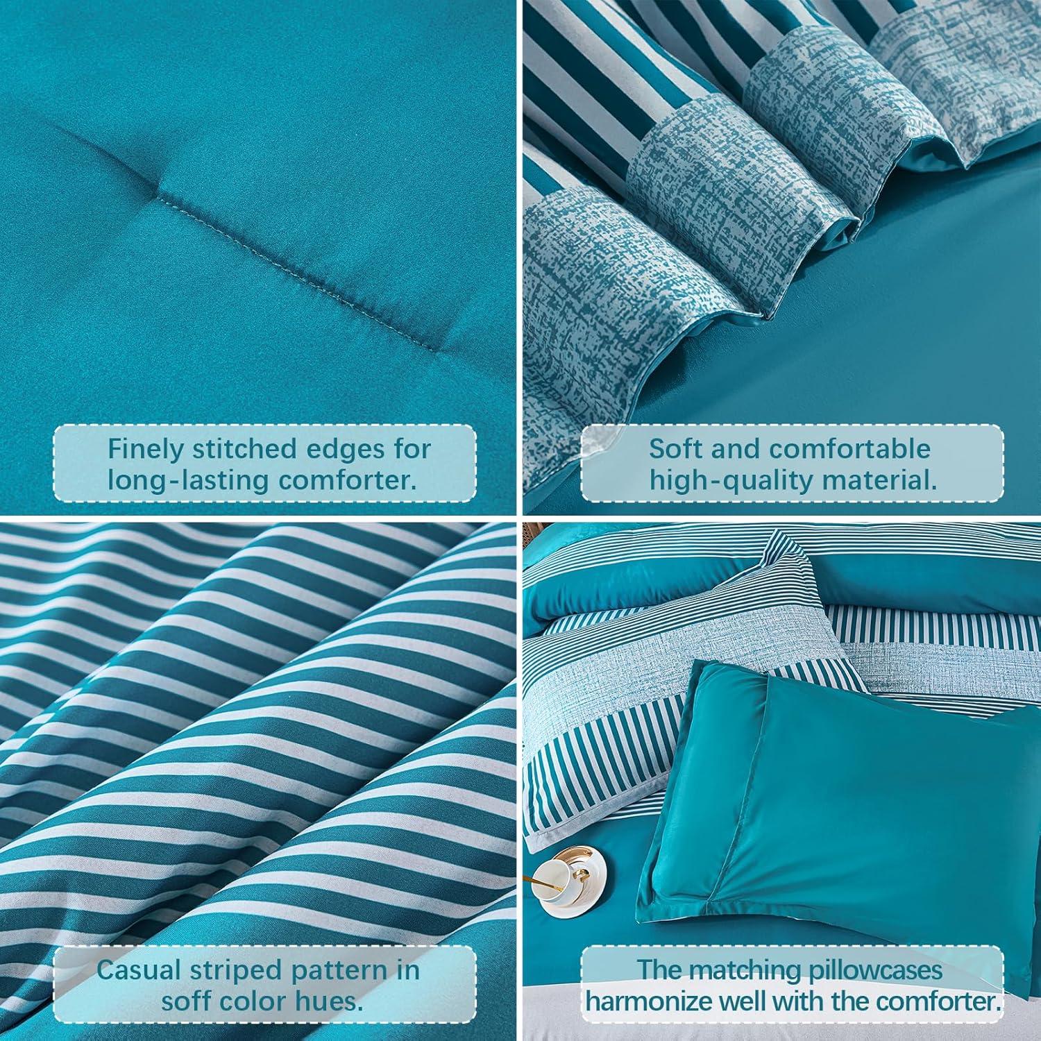 imageFull Size Comforter Blue Striped Comforters for Boys ampamp Girls7 Pieces Bed in A Bag Simple NeutralStyle Bedding Sets for Kids TeenTeal