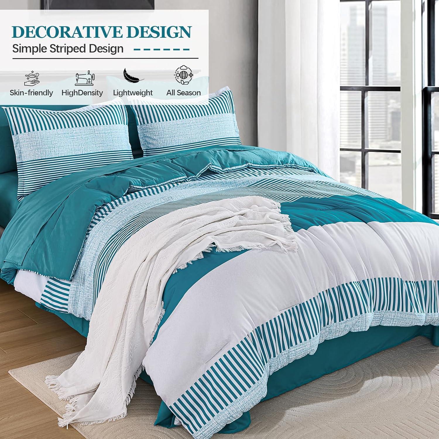 imageFull Size Comforter Blue Striped Comforters for Boys ampamp Girls7 Pieces Bed in A Bag Simple NeutralStyle Bedding Sets for Kids TeenTeal