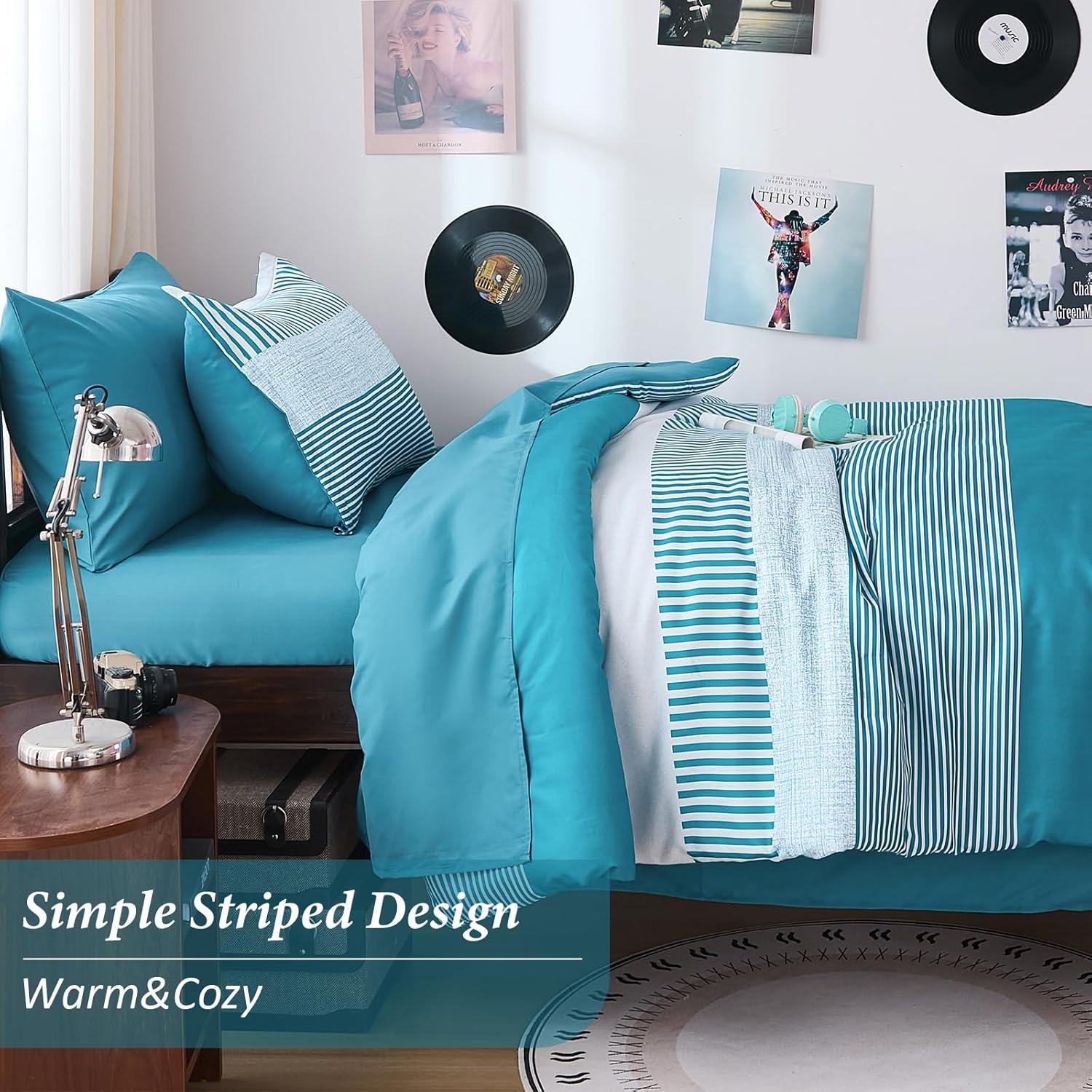 imageFull Size Comforter Blue Striped Comforters for Boys ampamp Girls7 Pieces Bed in A Bag Simple NeutralStyle Bedding Sets for Kids TeenTeal