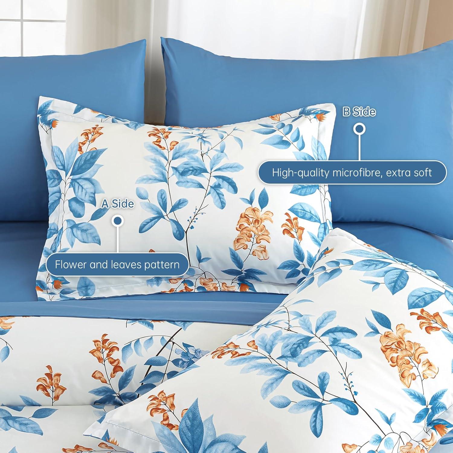 imageQueen Comforter Set 7 Pieces Floral Comforter Bed in A BagCoral Botanical Comforter Set with PillowcasesSoft Microfiber Complete Bedding Sets for All SeasonBlue