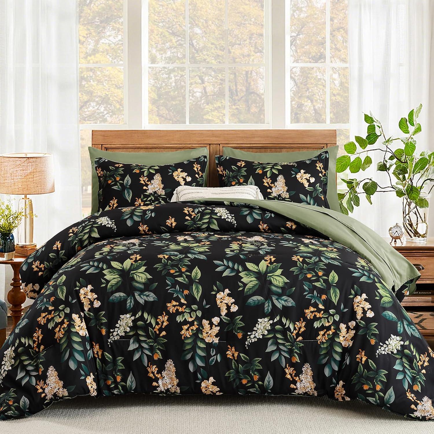 imageQueen Comforter Set 7 Pieces Floral Comforter Bed in A BagCoral Botanical Comforter Set with PillowcasesSoft Microfiber Complete Bedding Sets for All SeasonBlack