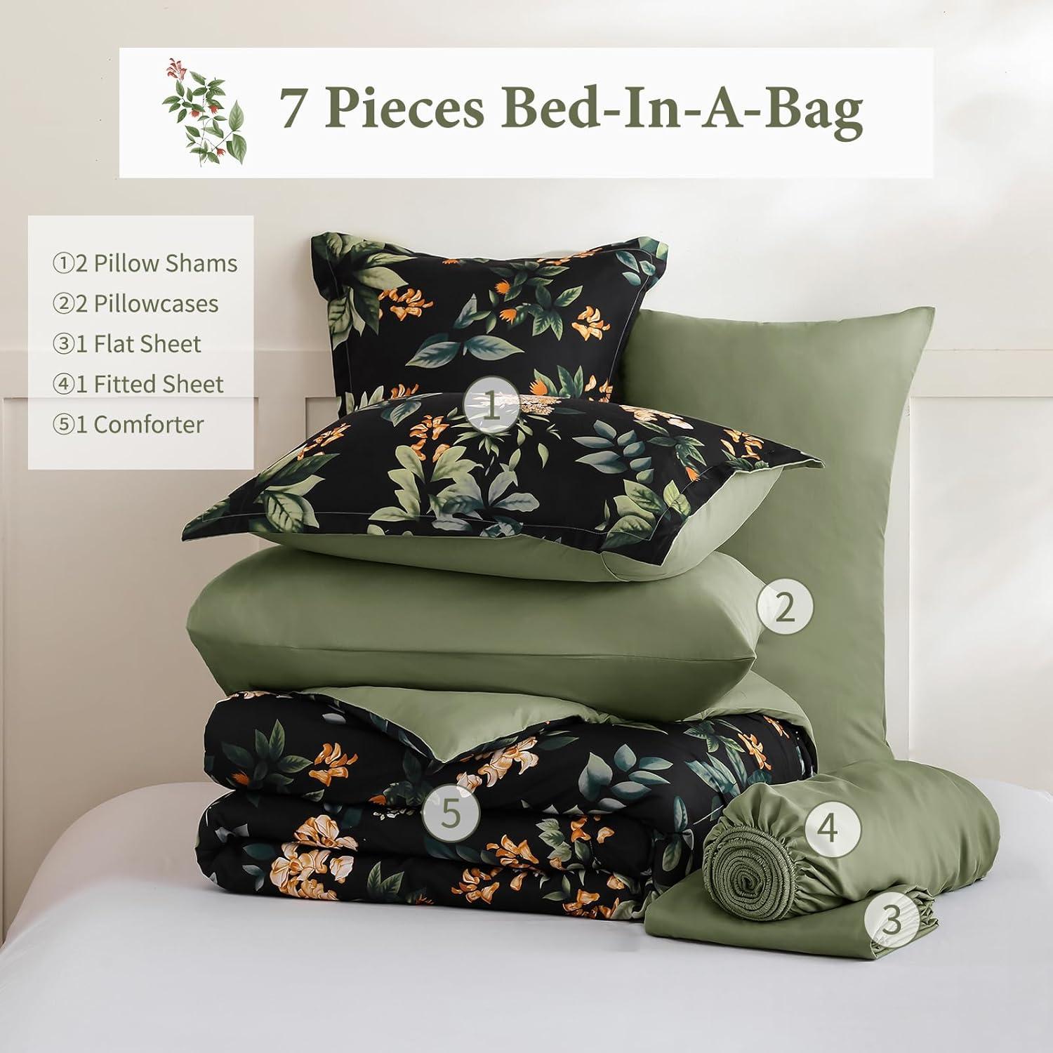 imageQueen Comforter Set 7 Pieces Floral Comforter Bed in A BagCoral Botanical Comforter Set with PillowcasesSoft Microfiber Complete Bedding Sets for All SeasonBlack