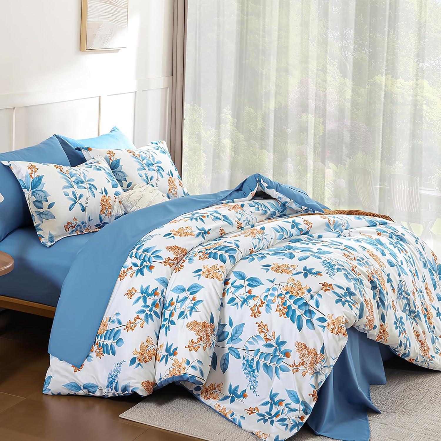 imageQueen Comforter Set 7 Pieces Floral Comforter Bed in A BagCoral Botanical Comforter Set with PillowcasesSoft Microfiber Complete Bedding Sets for All SeasonBlue
