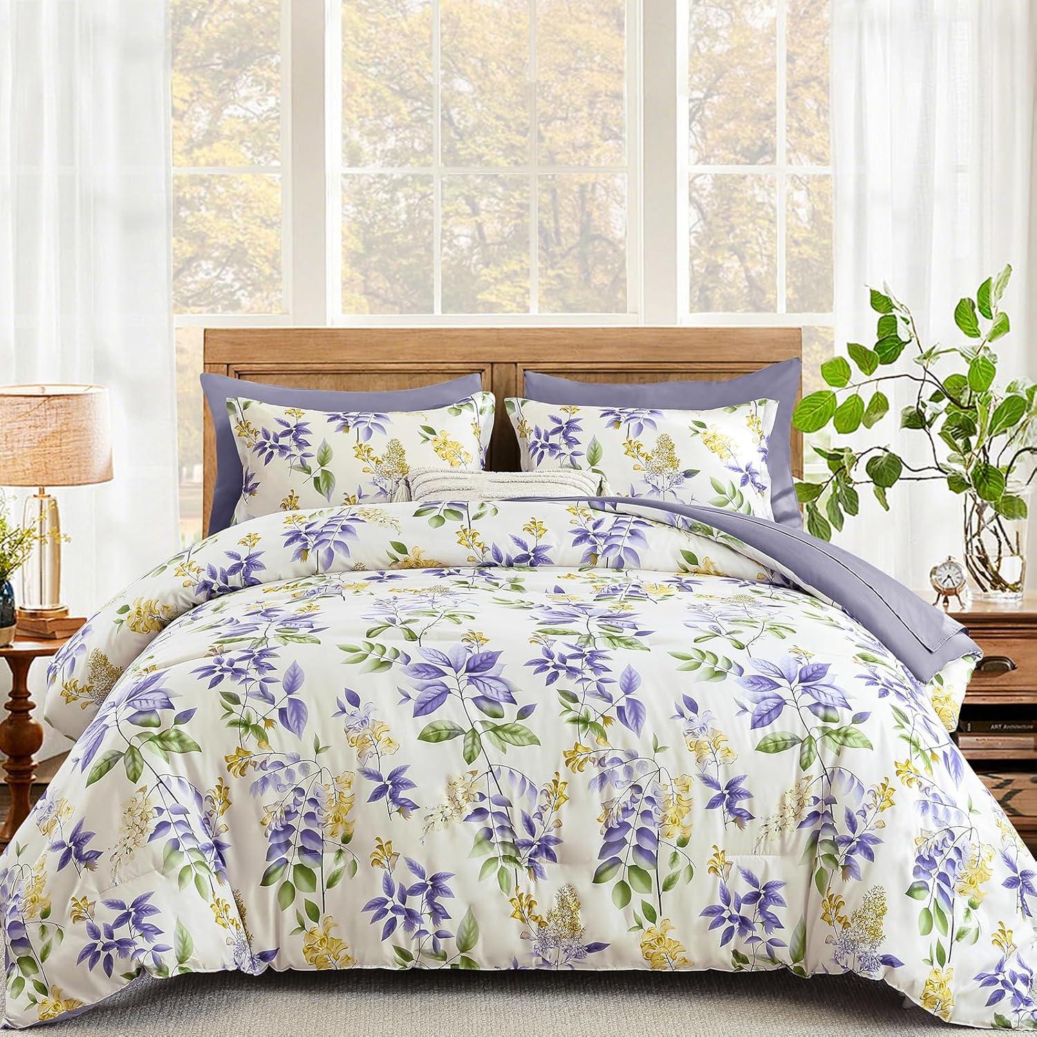 imageQueen Comforter Set 7 Pieces Floral Comforter Bed in A BagCoral Botanical Comforter Set with PillowcasesSoft Microfiber Complete Bedding Sets for All SeasonPurple Green