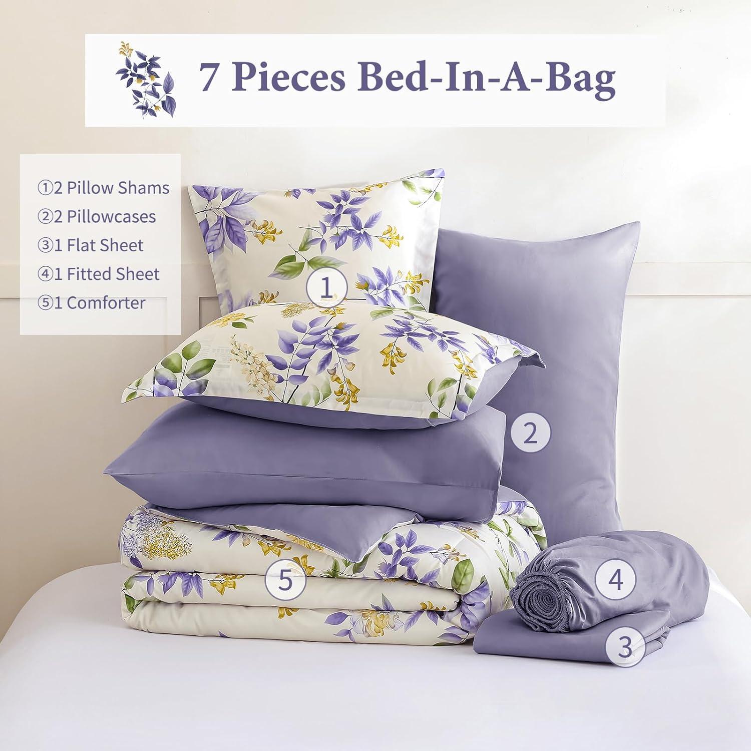 imageQueen Comforter Set 7 Pieces Floral Comforter Bed in A BagCoral Botanical Comforter Set with PillowcasesSoft Microfiber Complete Bedding Sets for All SeasonPurple Green