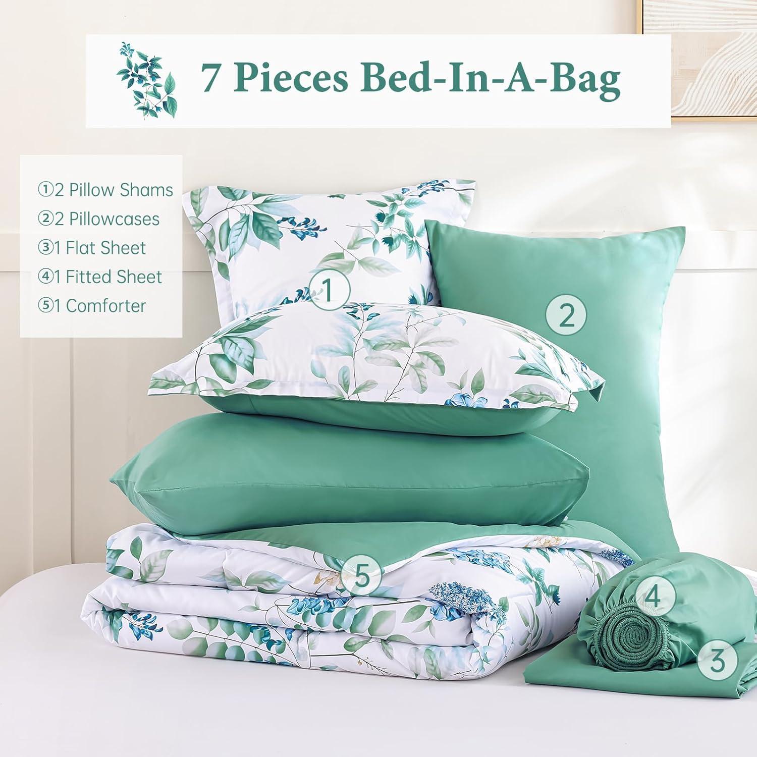 imageQueen Comforter Set 7 Pieces Floral Comforter Bed in A BagCoral Botanical Comforter Set with PillowcasesSoft Microfiber Complete Bedding Sets for All SeasonAqua