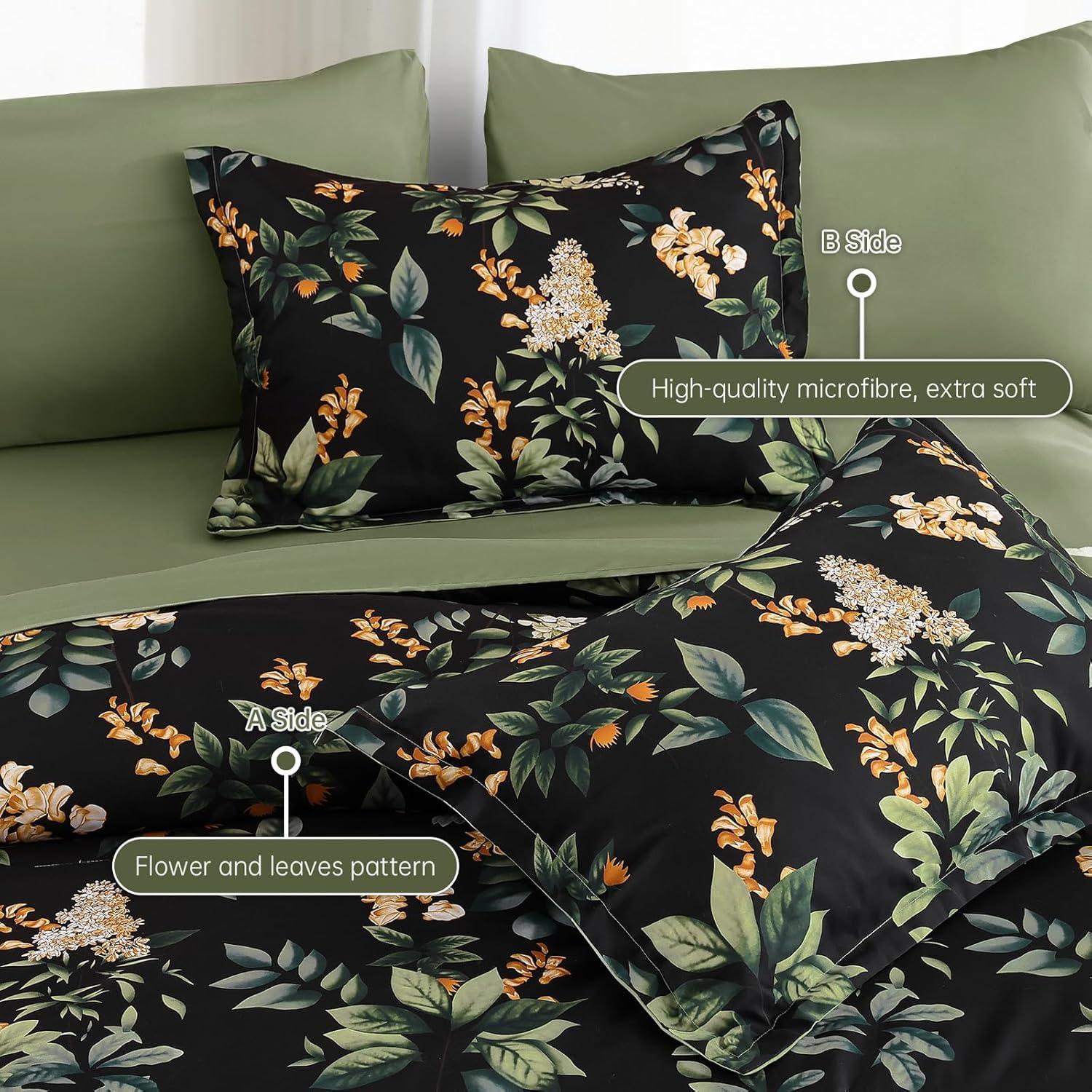 imageQueen Comforter Set 7 Pieces Floral Comforter Bed in A BagCoral Botanical Comforter Set with PillowcasesSoft Microfiber Complete Bedding Sets for All SeasonBlack