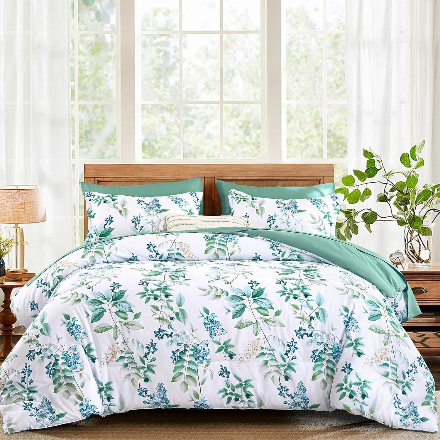 imageQueen Comforter Set 7 Pieces Floral Comforter Bed in A BagCoral Botanical Comforter Set with PillowcasesSoft Microfiber Complete Bedding Sets for All SeasonAqua