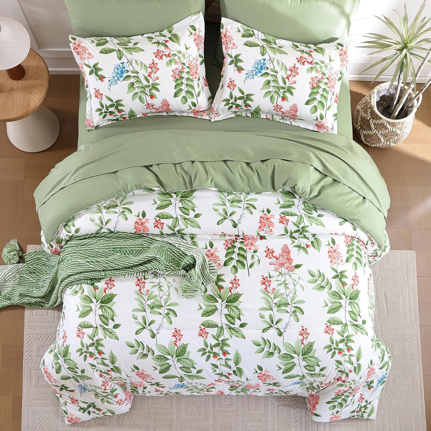 imageQueen Comforter Set 7 Pieces Floral Comforter Bed in A BagCoral Botanical Comforter Set with PillowcasesSoft Microfiber Complete Bedding Sets for All SeasonGreen