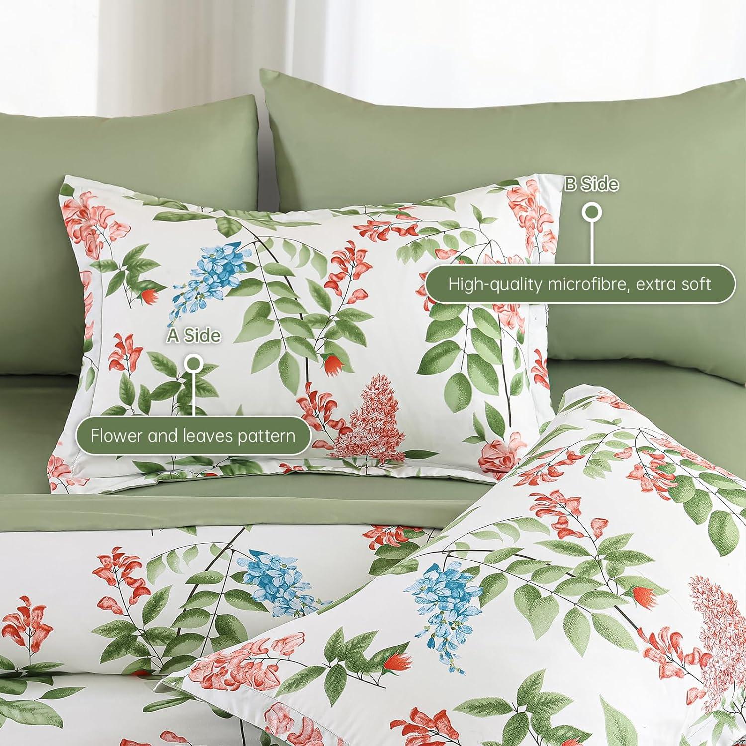 imageQueen Comforter Set 7 Pieces Floral Comforter Bed in A BagCoral Botanical Comforter Set with PillowcasesSoft Microfiber Complete Bedding Sets for All SeasonGreen
