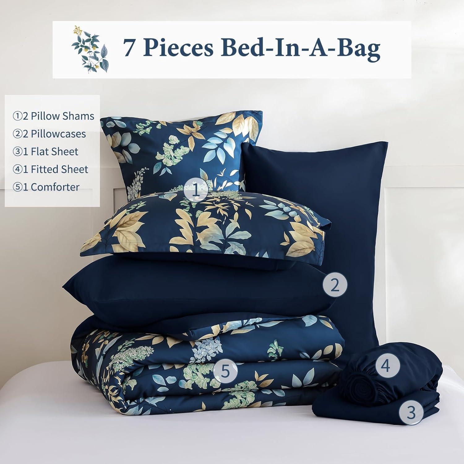 imageQueen Comforter Set 7 Pieces Floral Comforter Bed in A BagCoral Botanical Comforter Set with PillowcasesSoft Microfiber Complete Bedding Sets for All SeasonNavy Blue