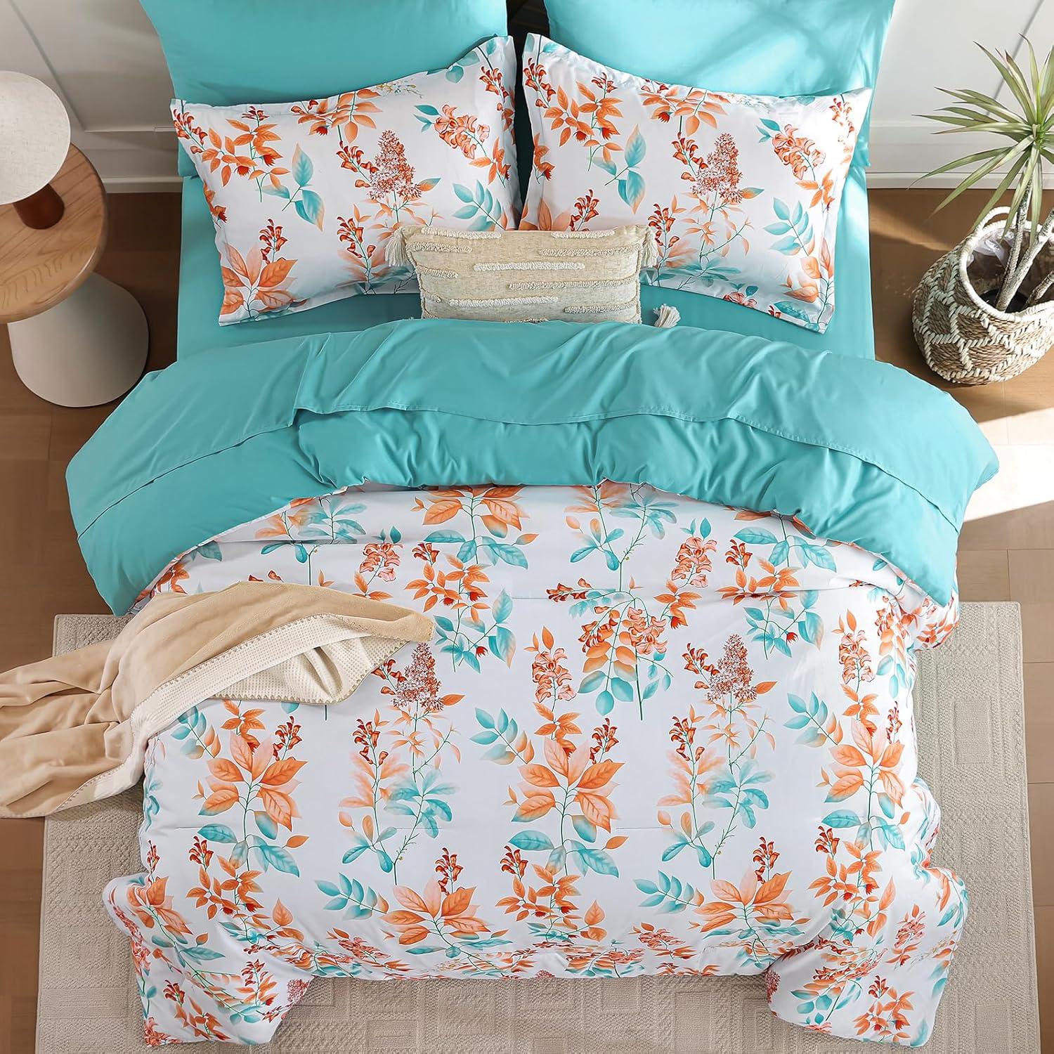 imageQueen Comforter Set 7 Pieces Floral Comforter Bed in A BagCoral Botanical Comforter Set with PillowcasesSoft Microfiber Complete Bedding Sets for All SeasonCoral