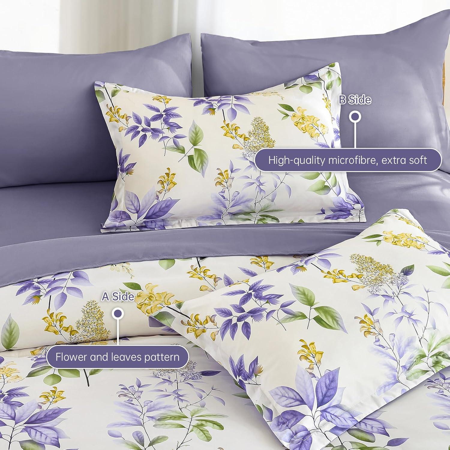 imageQueen Comforter Set 7 Pieces Floral Comforter Bed in A BagCoral Botanical Comforter Set with PillowcasesSoft Microfiber Complete Bedding Sets for All SeasonPurple Green