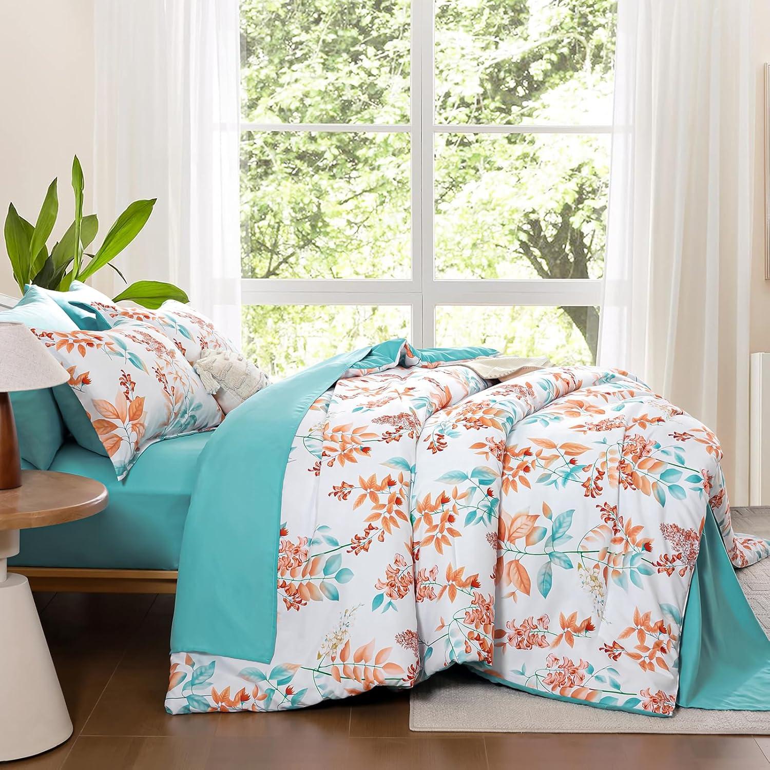 imageQueen Comforter Set 7 Pieces Floral Comforter Bed in A BagCoral Botanical Comforter Set with PillowcasesSoft Microfiber Complete Bedding Sets for All SeasonCoral