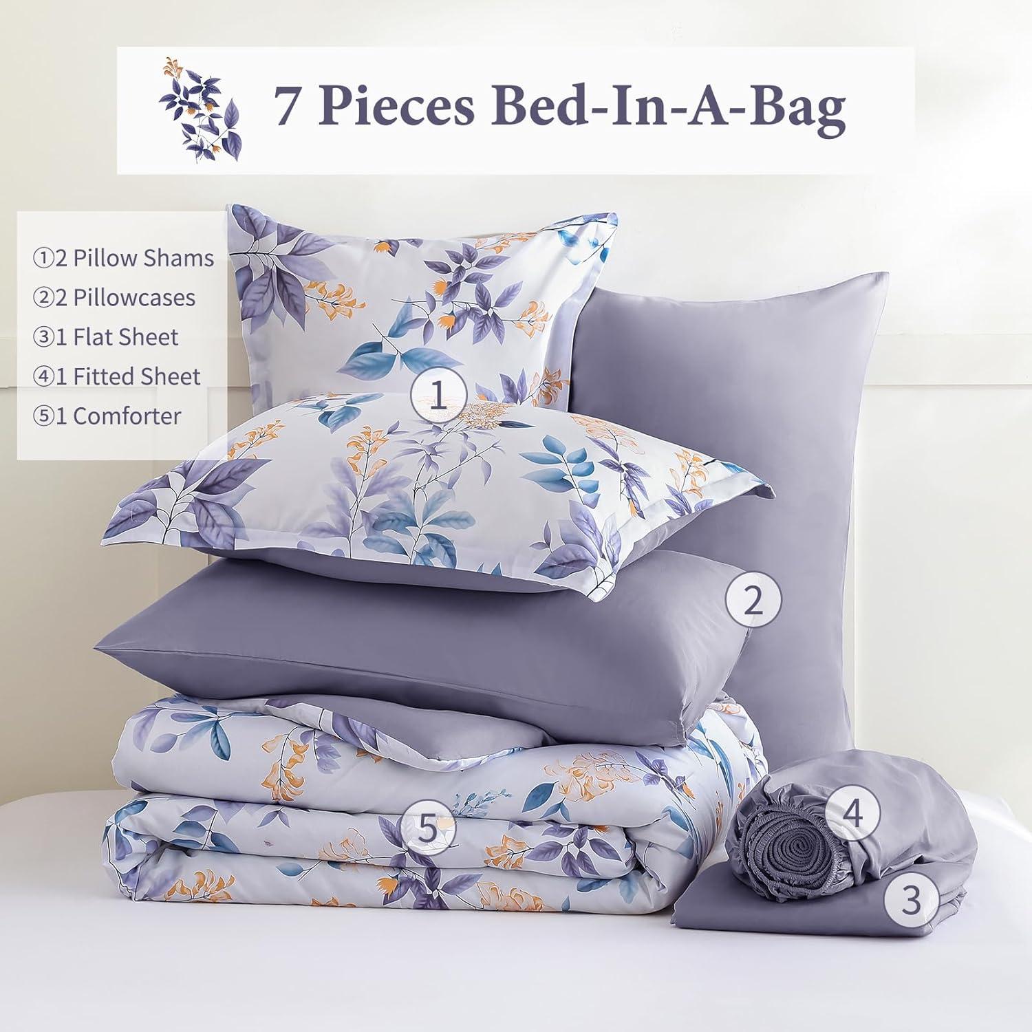 imageQueen Comforter Set 7 Pieces Floral Comforter Bed in A BagCoral Botanical Comforter Set with PillowcasesSoft Microfiber Complete Bedding Sets for All SeasonPurple