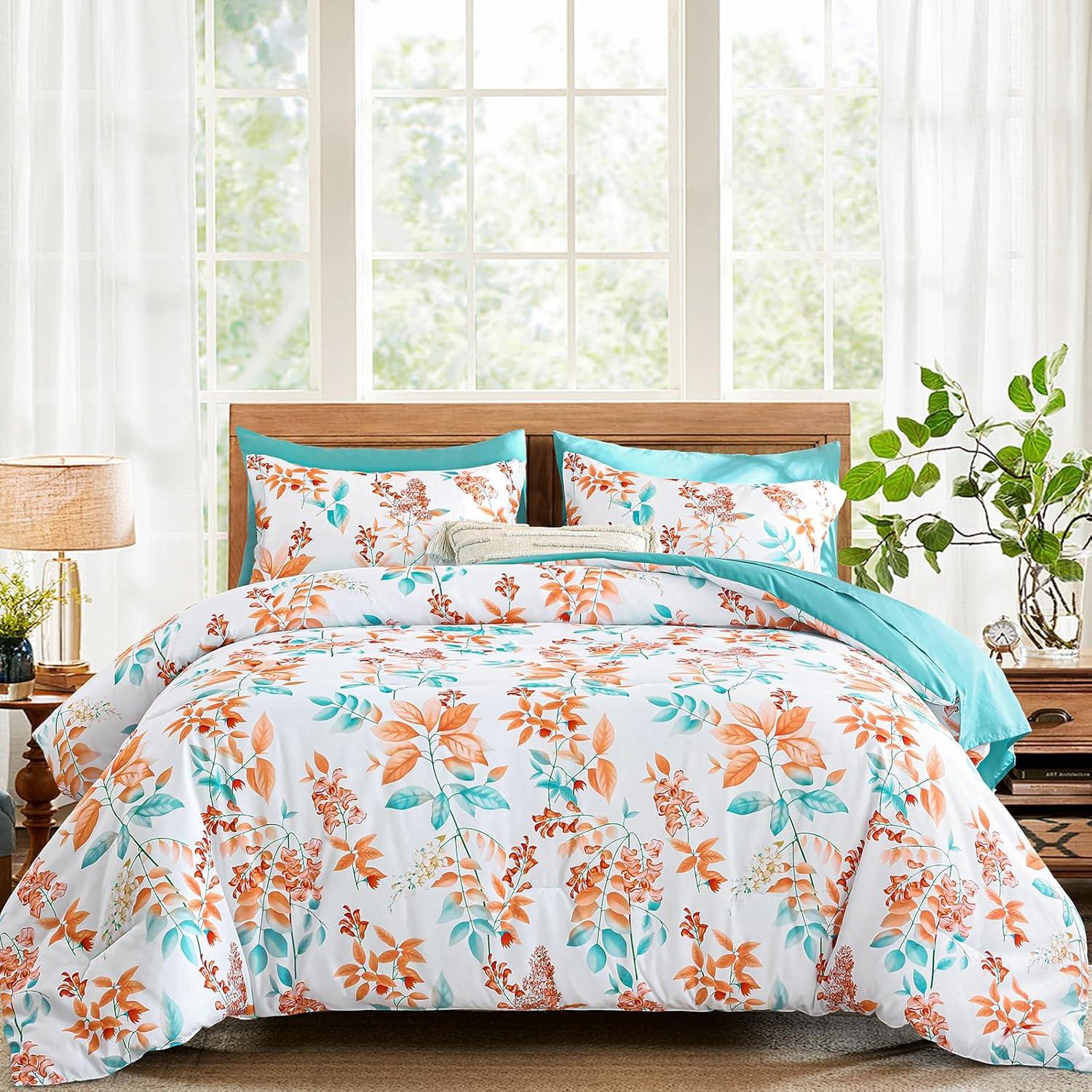imageQueen Comforter Set 7 Pieces Floral Comforter Bed in A BagCoral Botanical Comforter Set with PillowcasesSoft Microfiber Complete Bedding Sets for All SeasonCoral