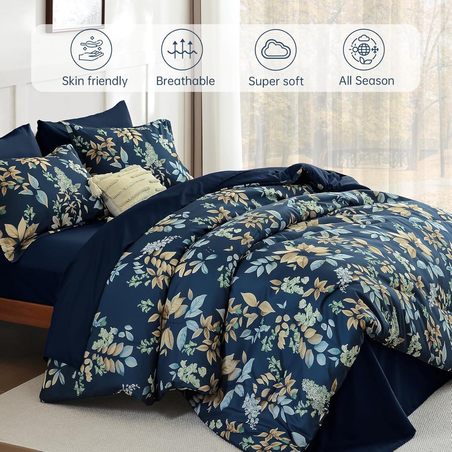 imageQueen Comforter Set 7 Pieces Floral Comforter Bed in A BagCoral Botanical Comforter Set with PillowcasesSoft Microfiber Complete Bedding Sets for All SeasonNavy Blue