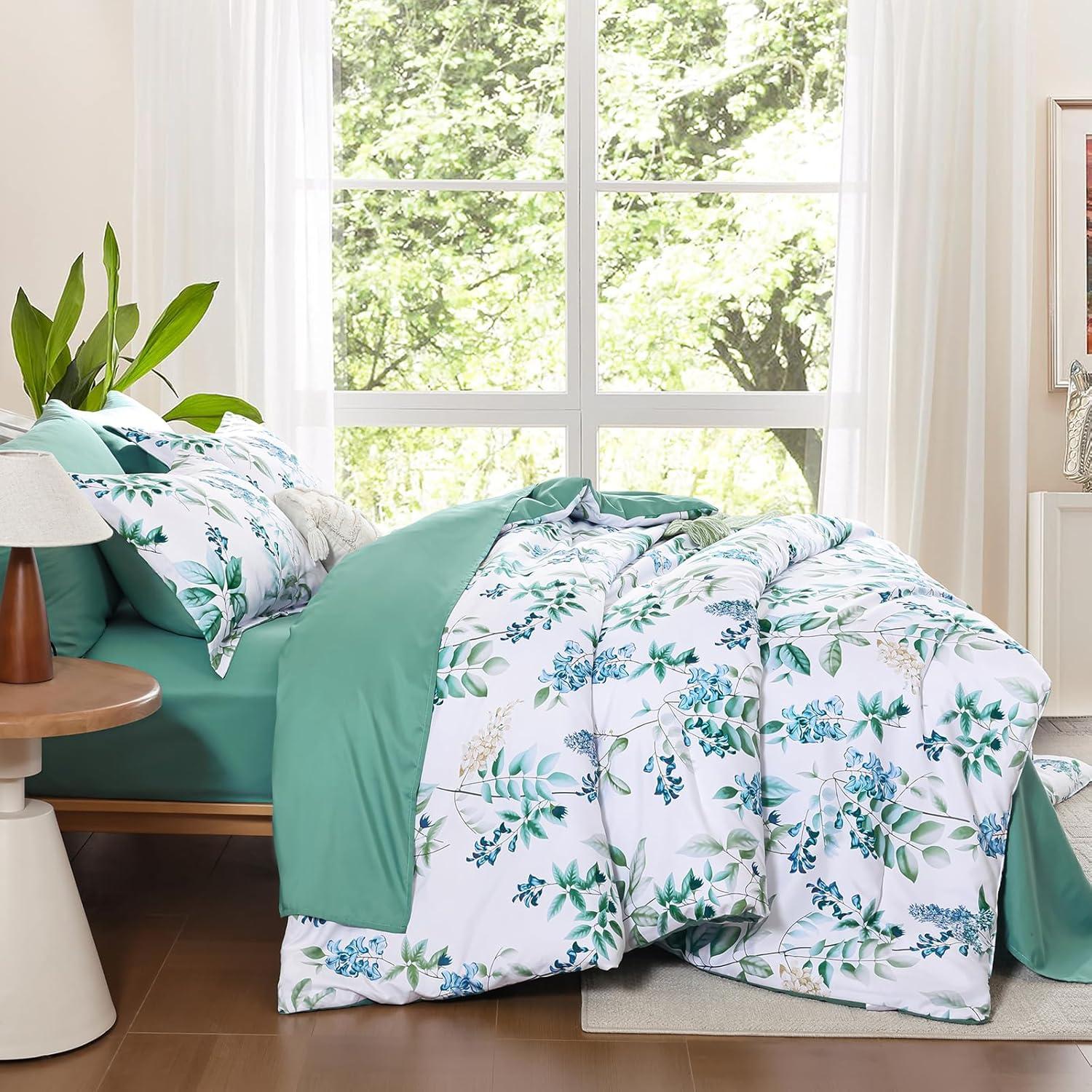 imageQueen Comforter Set 7 Pieces Floral Comforter Bed in A BagCoral Botanical Comforter Set with PillowcasesSoft Microfiber Complete Bedding Sets for All SeasonAqua