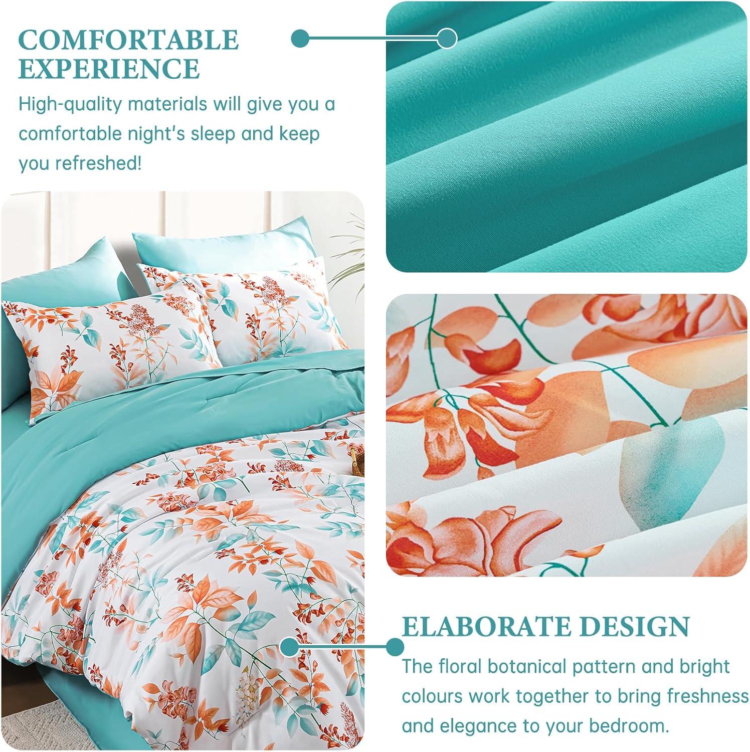 imageQueen Comforter Set 7 Pieces Floral Comforter Bed in A BagCoral Botanical Comforter Set with PillowcasesSoft Microfiber Complete Bedding Sets for All SeasonCoral