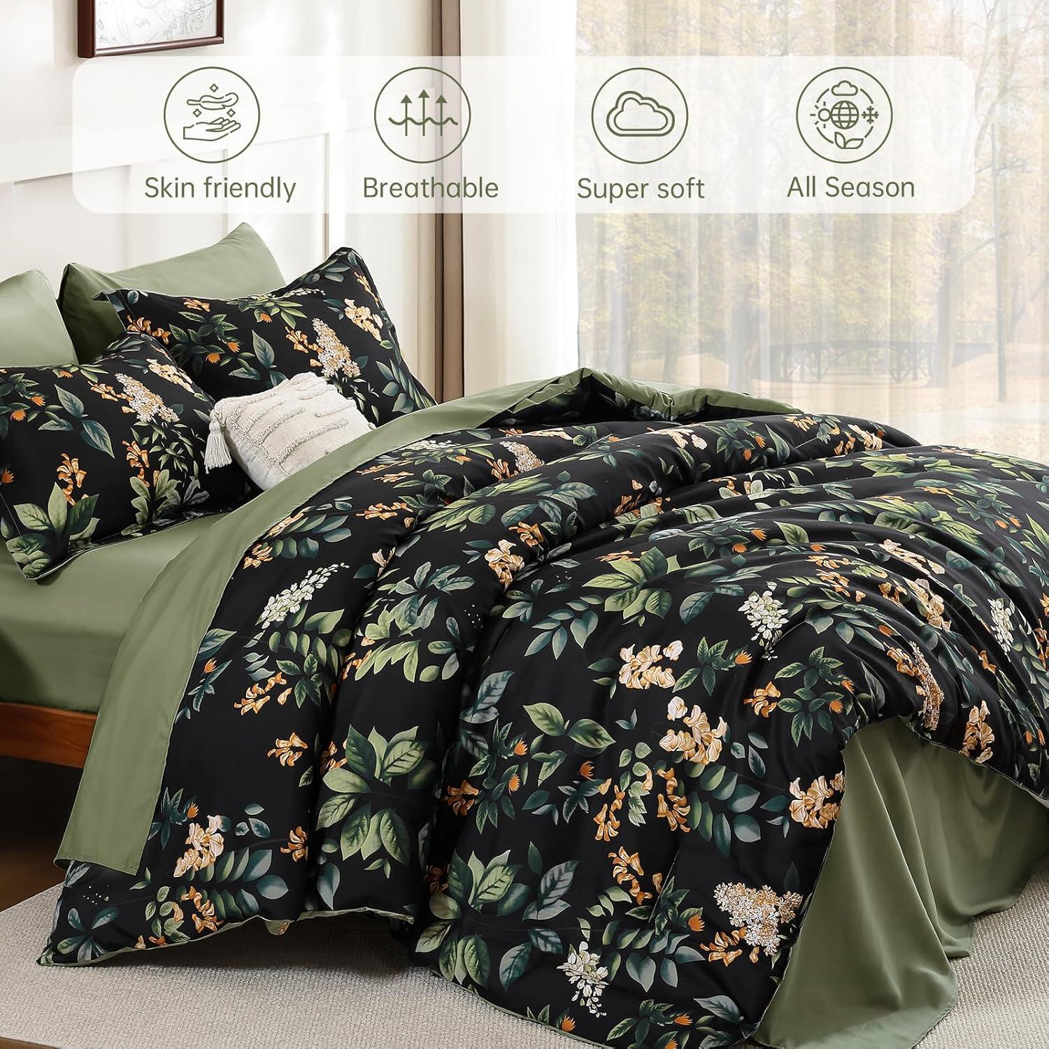imageQueen Comforter Set 7 Pieces Floral Comforter Bed in A BagCoral Botanical Comforter Set with PillowcasesSoft Microfiber Complete Bedding Sets for All SeasonBlack