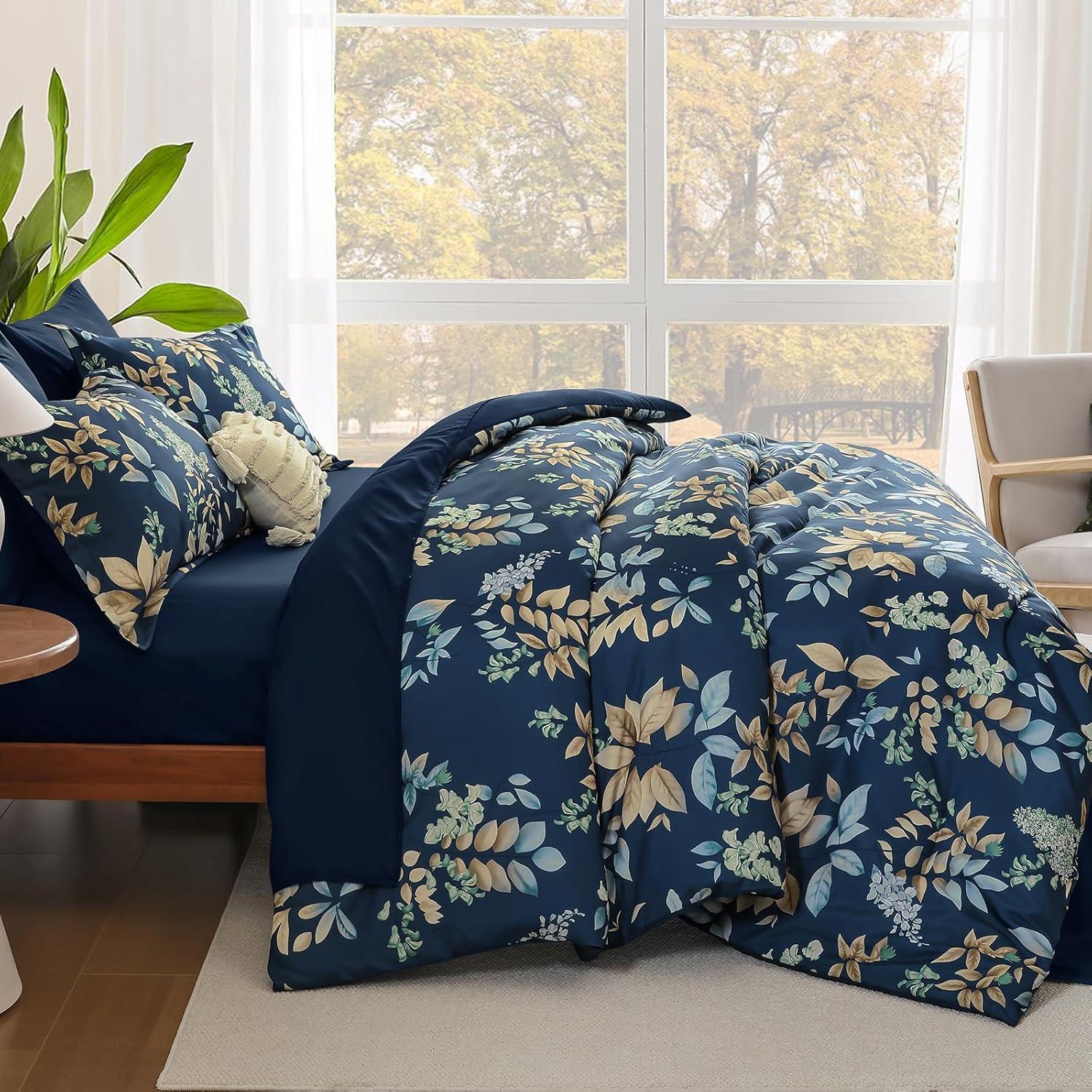 imageQueen Comforter Set 7 Pieces Floral Comforter Bed in A BagCoral Botanical Comforter Set with PillowcasesSoft Microfiber Complete Bedding Sets for All SeasonNavy Blue