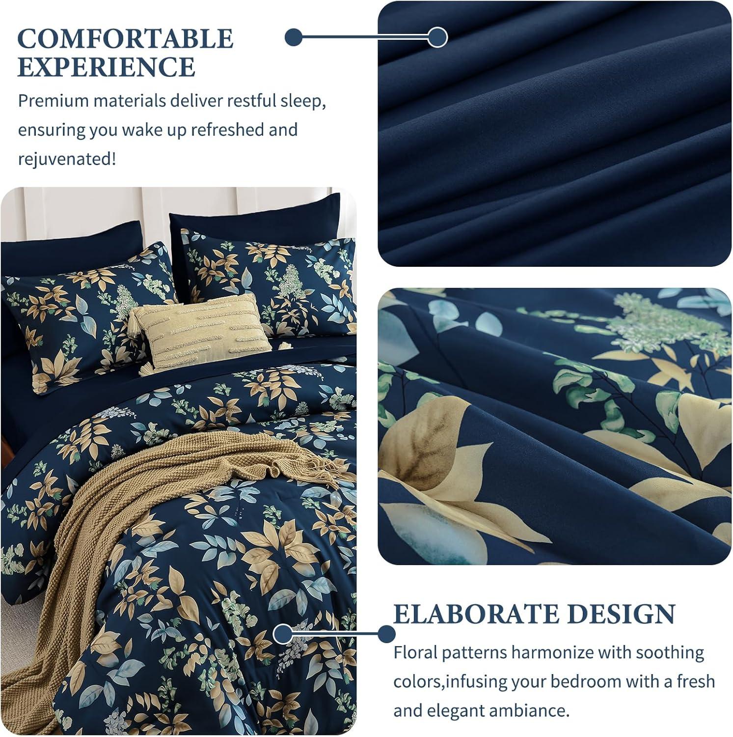 imageQueen Comforter Set 7 Pieces Floral Comforter Bed in A BagCoral Botanical Comforter Set with PillowcasesSoft Microfiber Complete Bedding Sets for All SeasonNavy Blue