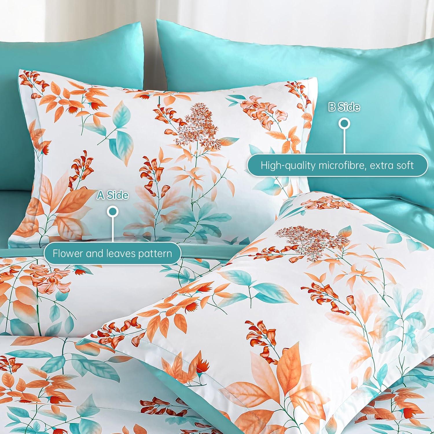 imageQueen Comforter Set 7 Pieces Floral Comforter Bed in A BagCoral Botanical Comforter Set with PillowcasesSoft Microfiber Complete Bedding Sets for All SeasonCoral