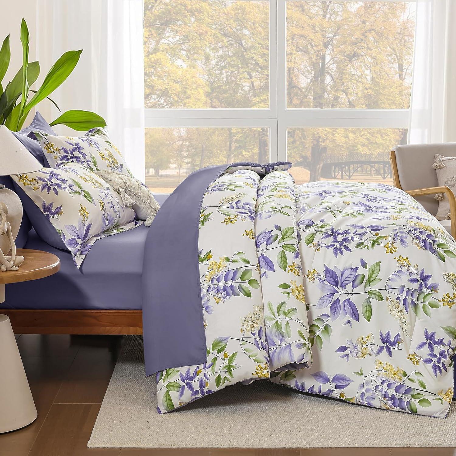 imageQueen Comforter Set 7 Pieces Floral Comforter Bed in A BagCoral Botanical Comforter Set with PillowcasesSoft Microfiber Complete Bedding Sets for All SeasonPurple Green