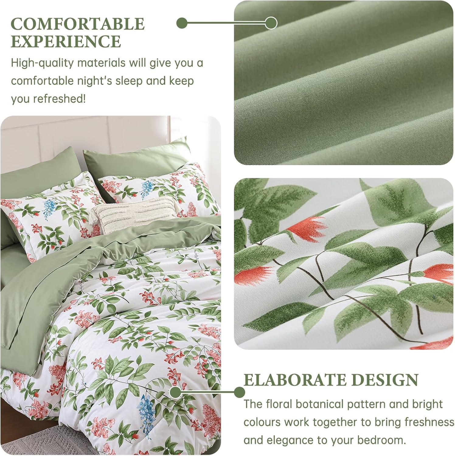imageQueen Comforter Set 7 Pieces Floral Comforter Bed in A BagCoral Botanical Comforter Set with PillowcasesSoft Microfiber Complete Bedding Sets for All SeasonGreen