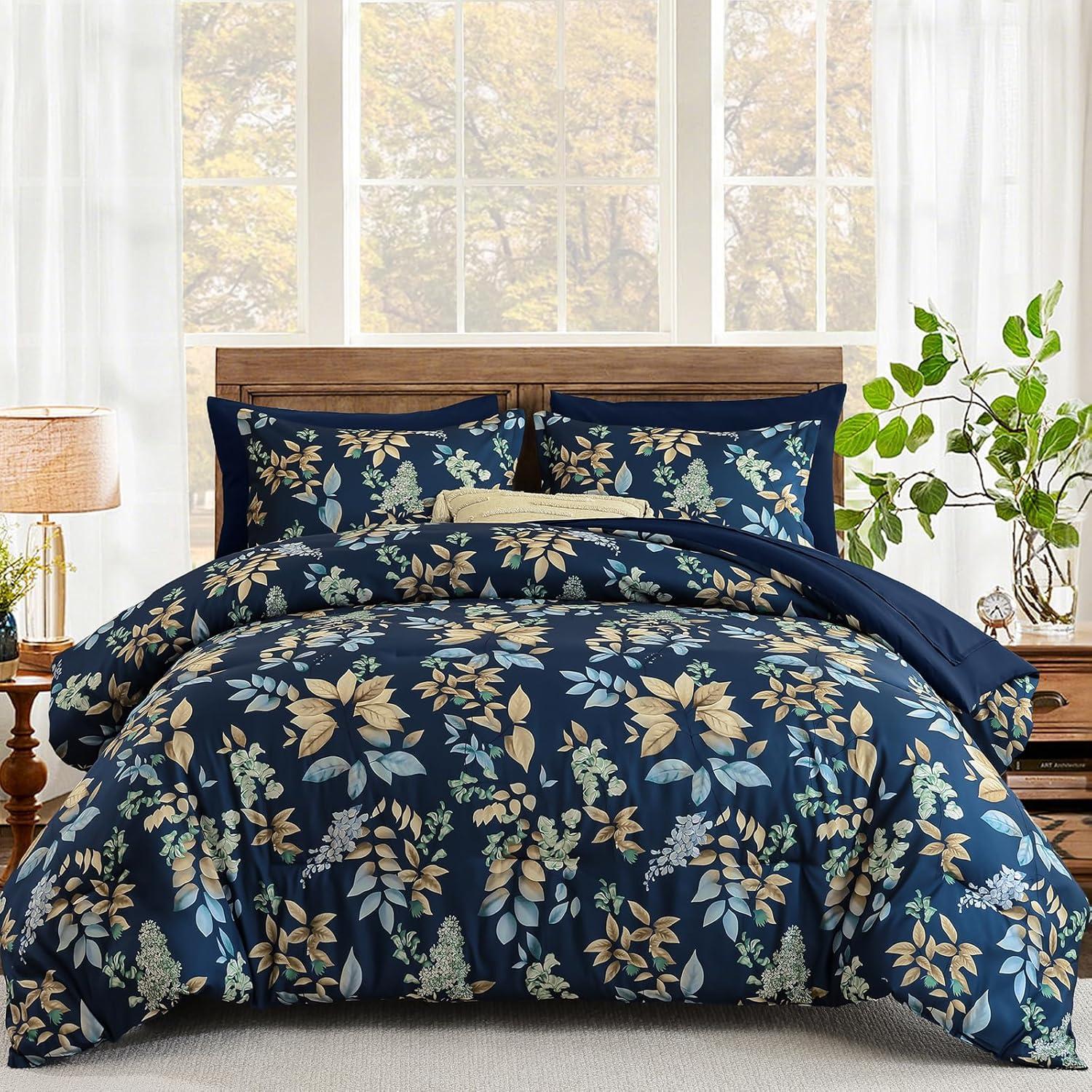 imageQueen Comforter Set 7 Pieces Floral Comforter Bed in A BagCoral Botanical Comforter Set with PillowcasesSoft Microfiber Complete Bedding Sets for All SeasonNavy Blue