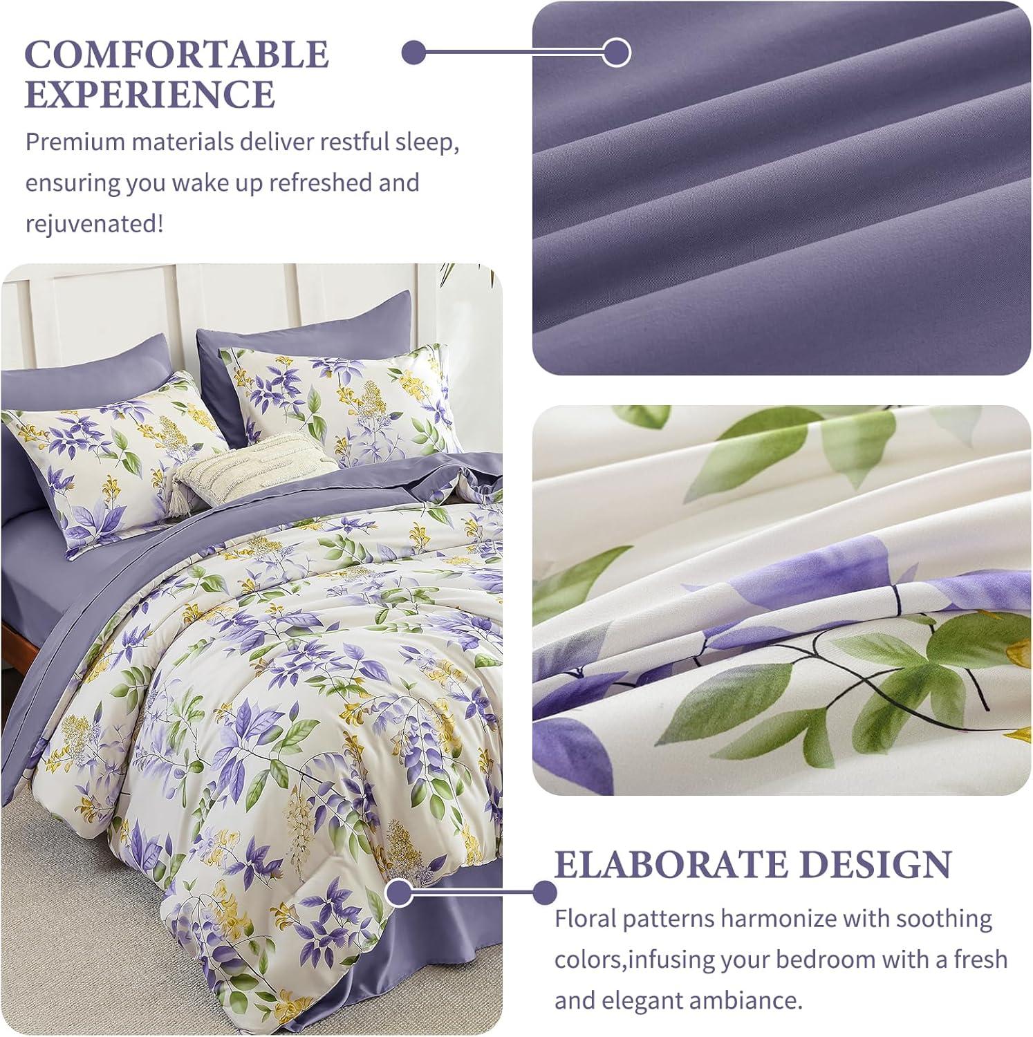 imageQueen Comforter Set 7 Pieces Floral Comforter Bed in A BagCoral Botanical Comforter Set with PillowcasesSoft Microfiber Complete Bedding Sets for All SeasonPurple Green